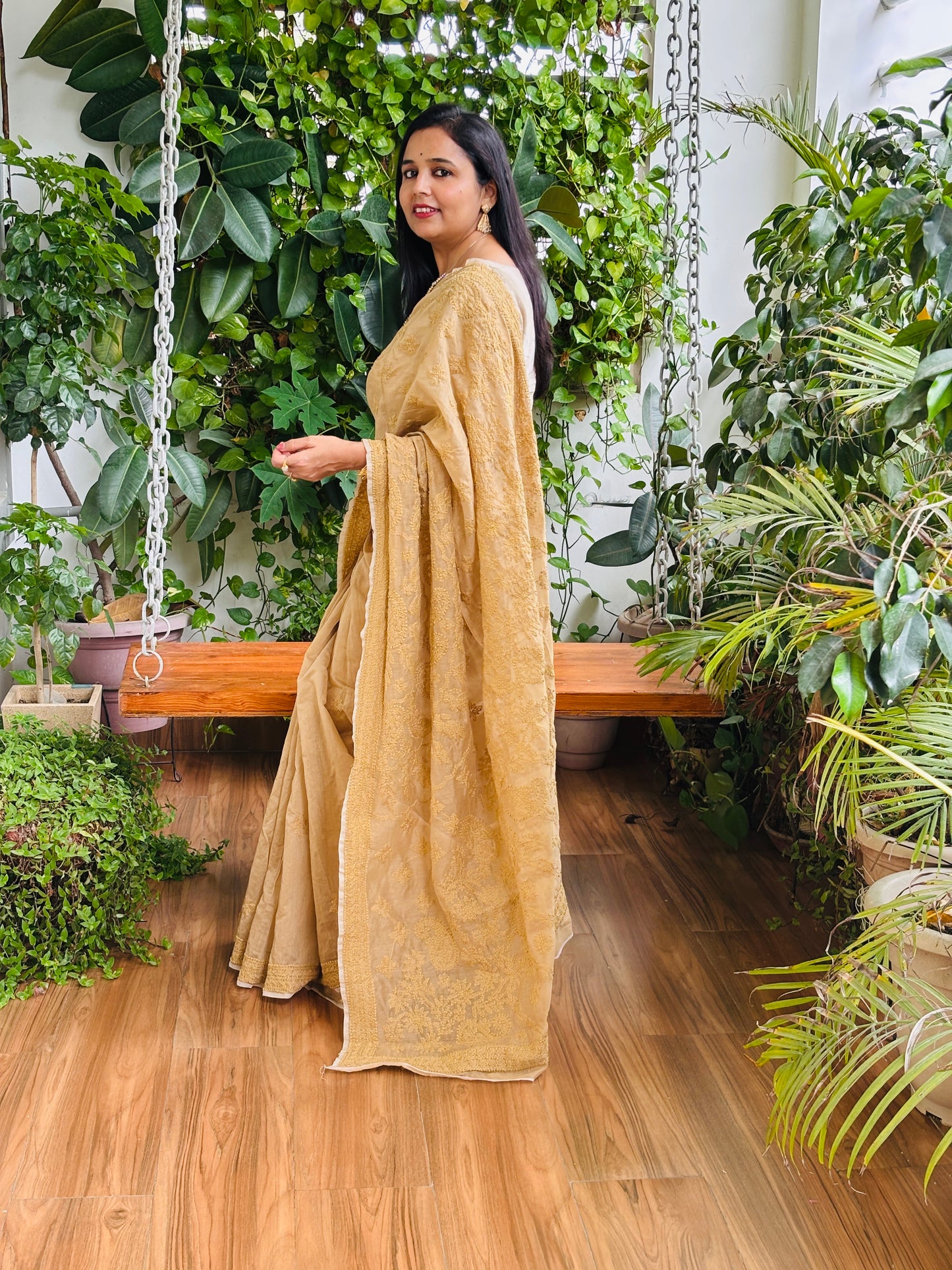 Light Golden Colour Chrushed Candri Cotton Chikankari Hand Embroidered Saree