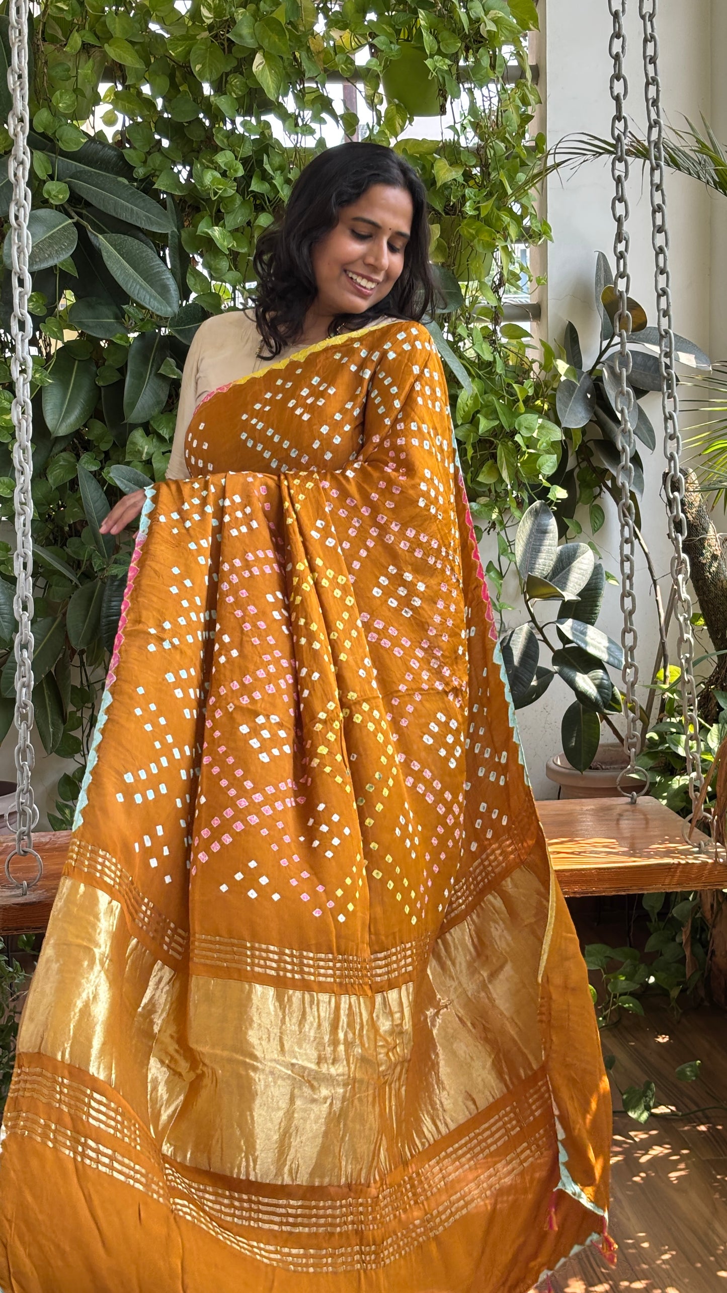 Satrangi - Mustard Yellow Colour Base With Multi Colour Hand Bandhej Modal Saree