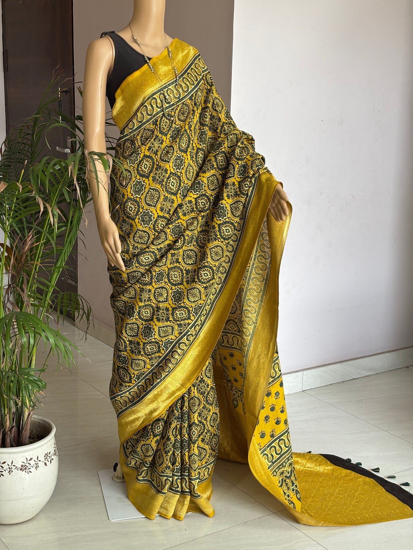 Yellow Ajrakh Hand Block Printed Marigold Motif Dola Silk Saree