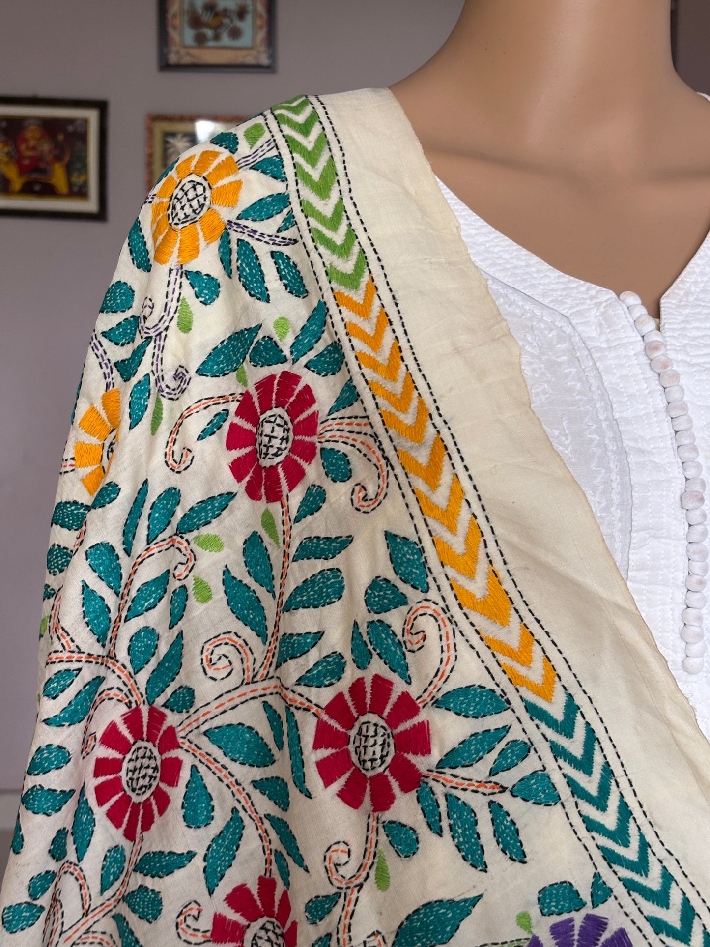 Kantha Hand Embroidered Blended Bangalore Silk Multicolour Floral Dupatta