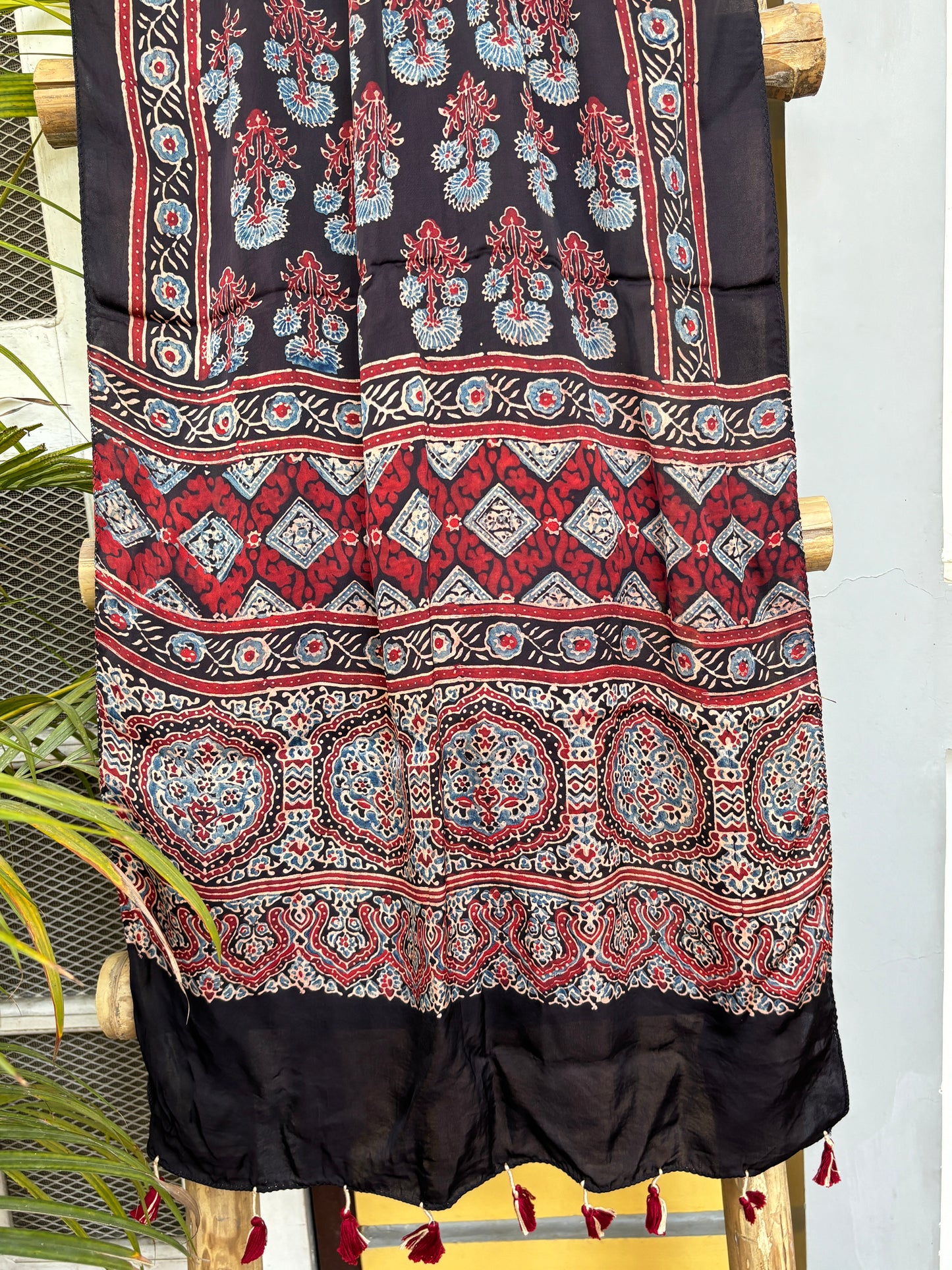 Ajrakh Stole -Black marigold