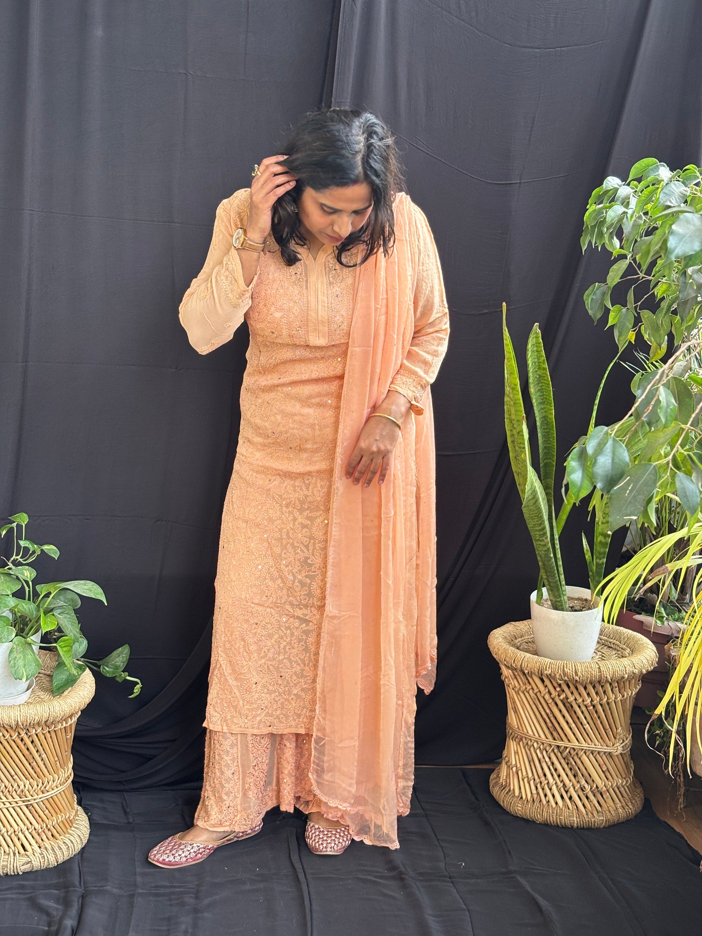 Chikan Hand Embroidered Pure Georgette Three Piece Set Pure Chiffon Dupatta With Mukaish Work