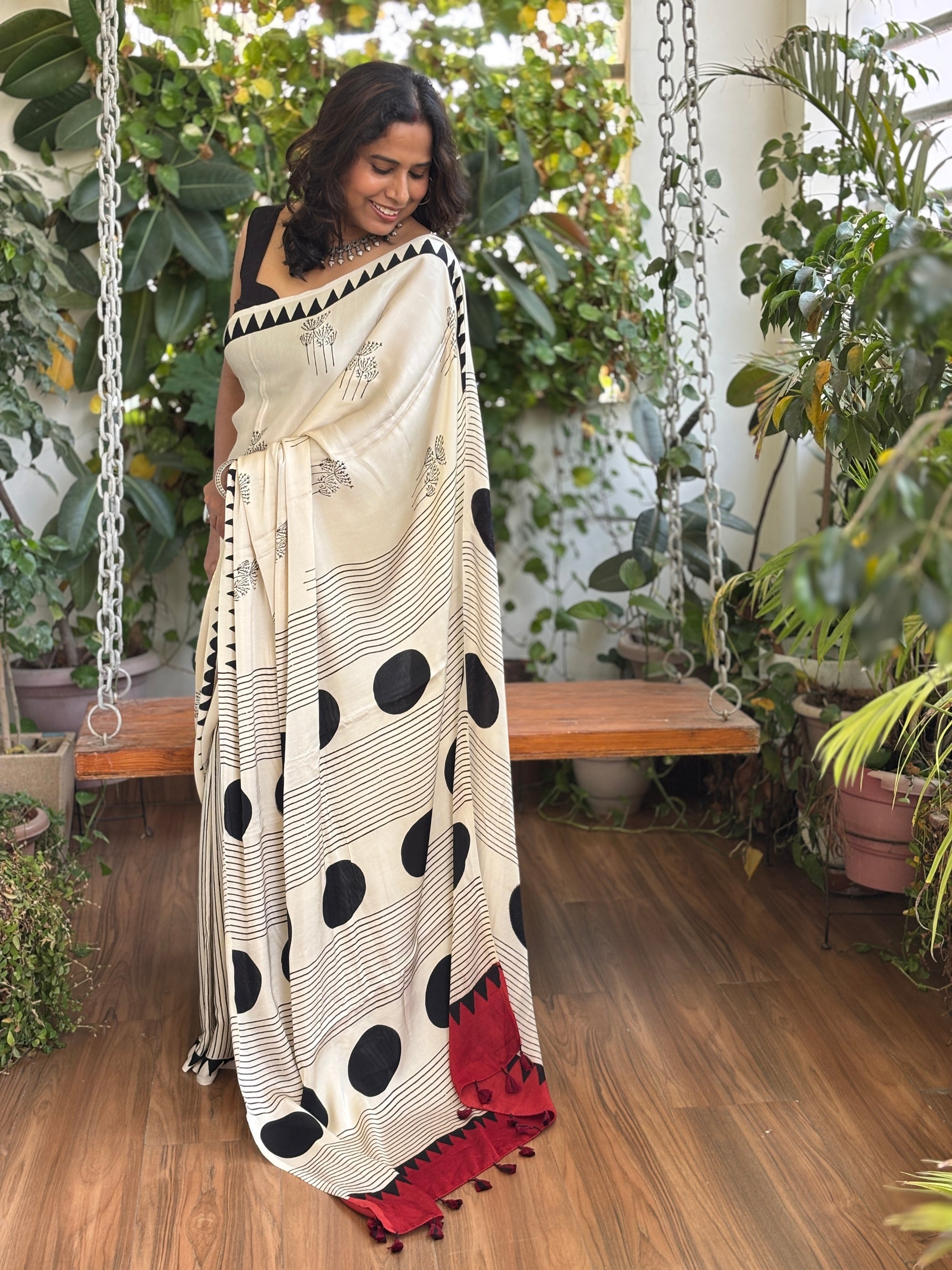 Ajrakh Polta Dot Saree, Ajrakh Modal Saree, Ajrakh Stripe Saree, Side view