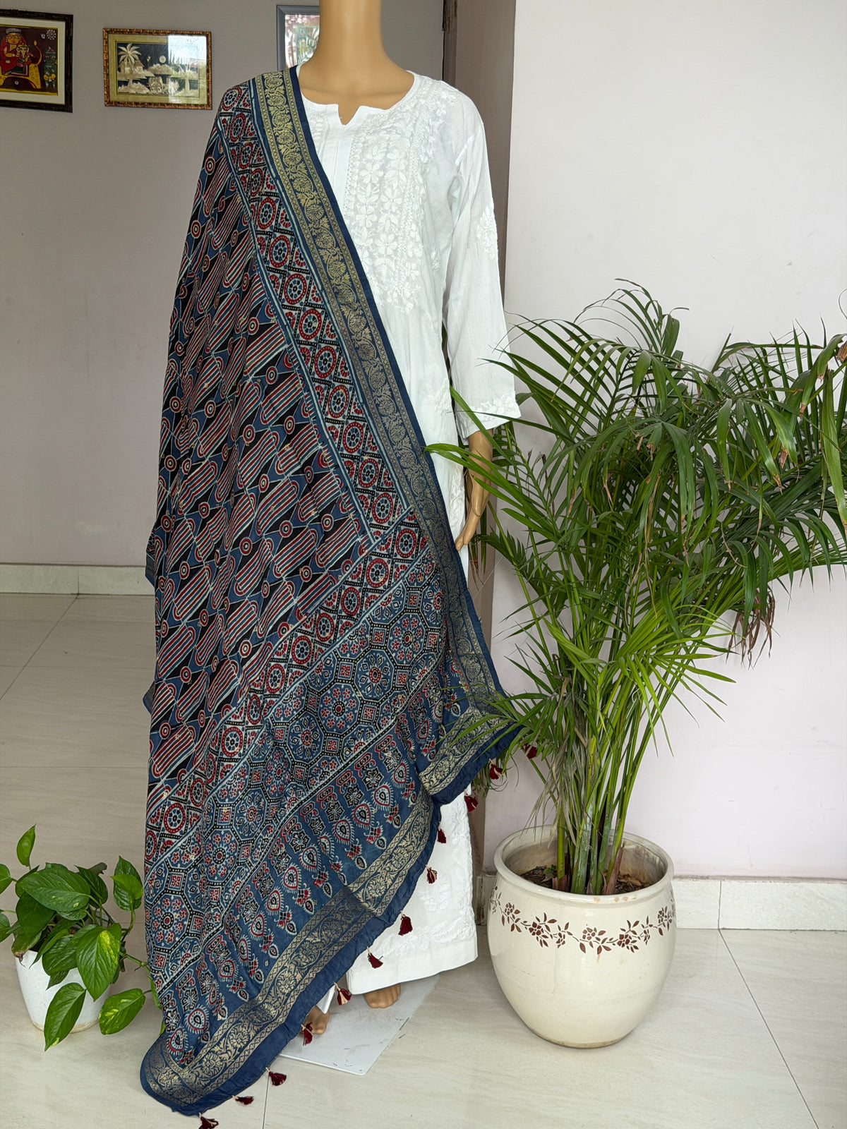 Ajrakh Dola Silk Dupatta With Zari Weaved Border