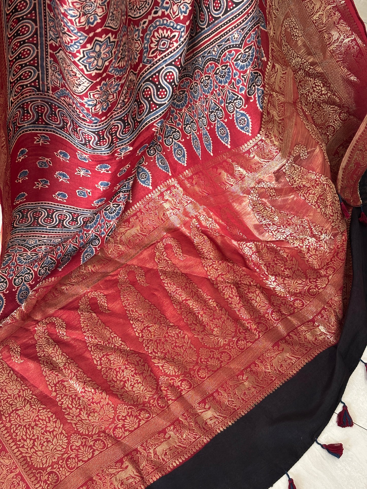 Madder Red Ajrakh Hand Block Printed Badambuta Dola Silk Saree