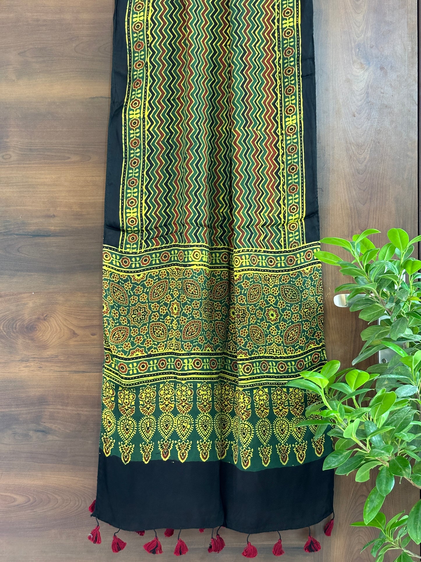 Ajrakh Stole- Green Natural Dyed Contemporary Motif Stoles