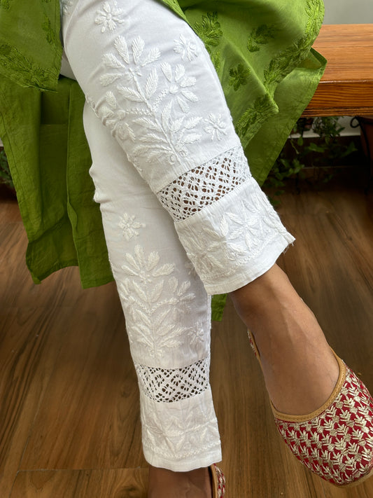 Chikankari Stretchable Cotton Pant With 1 Layer Lace