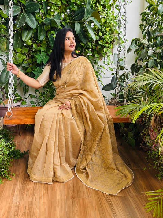 Light Golden Colour Chrushed Candri Cotton Chikankari Hand Embroidered Saree