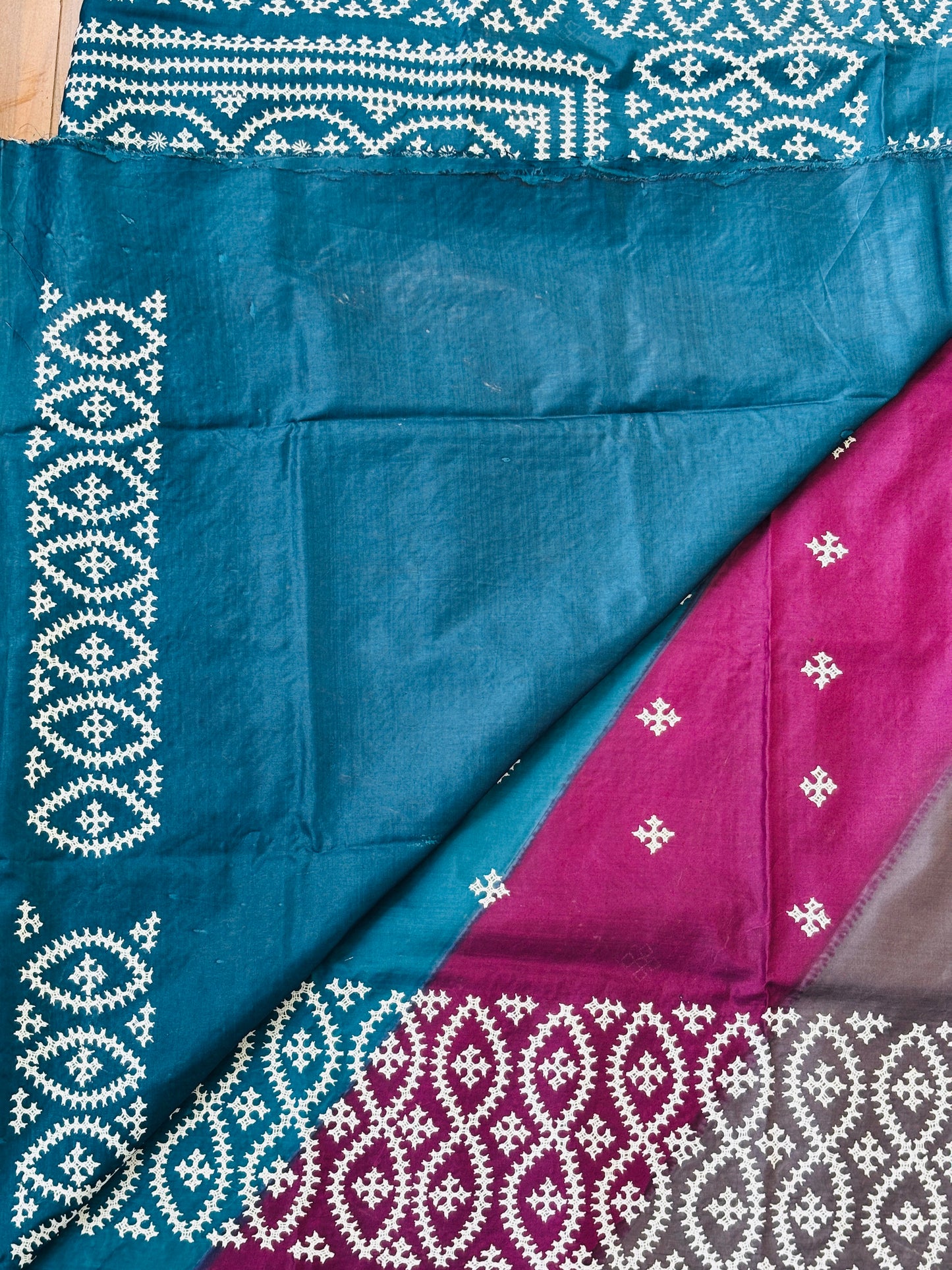 Gujarati Hand Embroidered Pure Bangalore Silk Saree in Multi Colour Tie and Dyed Body and Blue Palla