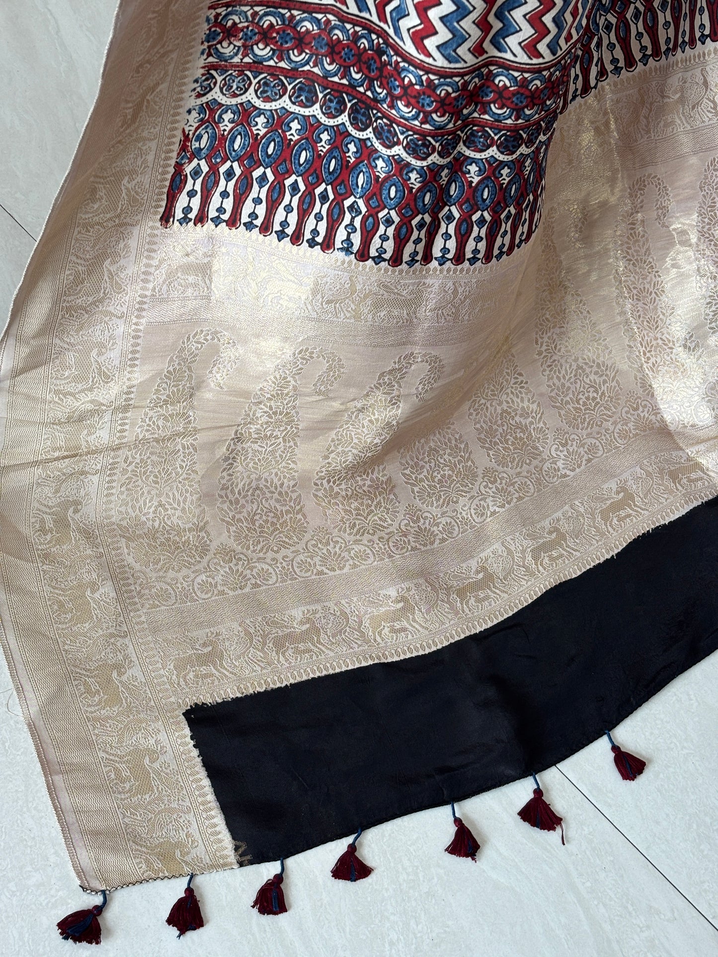 Pale Ivory Ajrakh Hand Block Printed Marigold Motif Dola Silk Saree