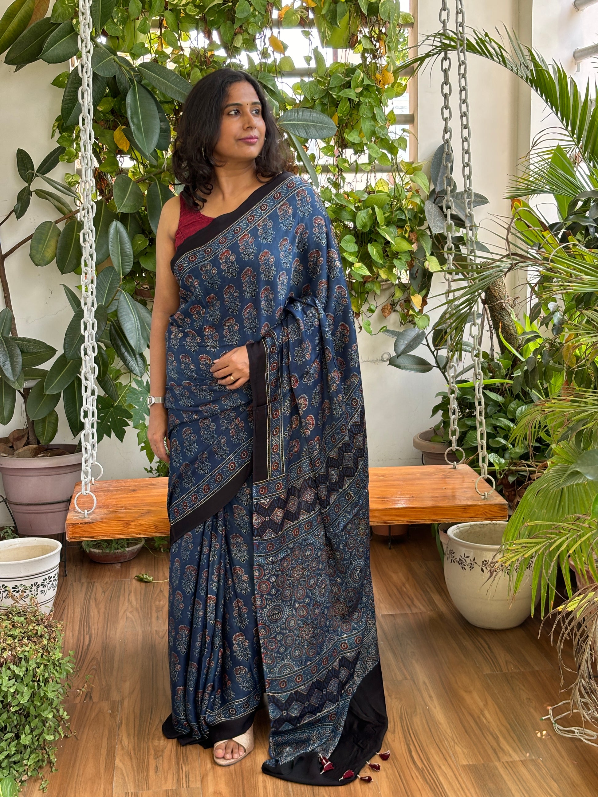 Ajrakh saree, ajrakh modal saree, front view.