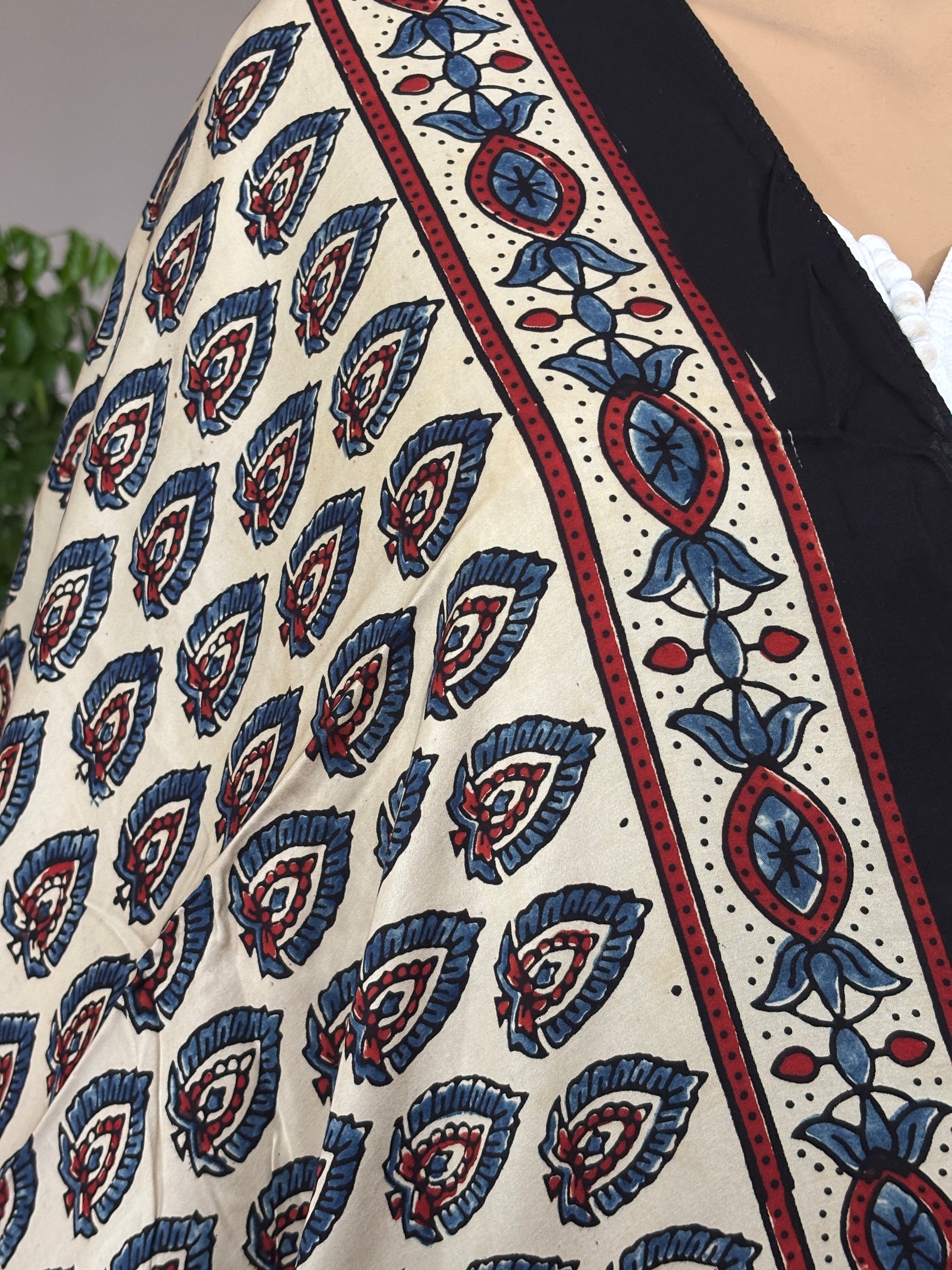 Ivory Ajrakh Modal Stole,morpankh motif,closer view.