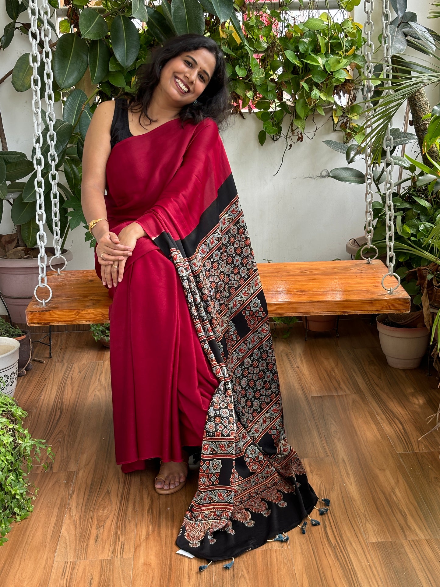 Yamini- Maroonsh Red Solid Colur Body With Natural Dyed Black Ajrakh Anchal