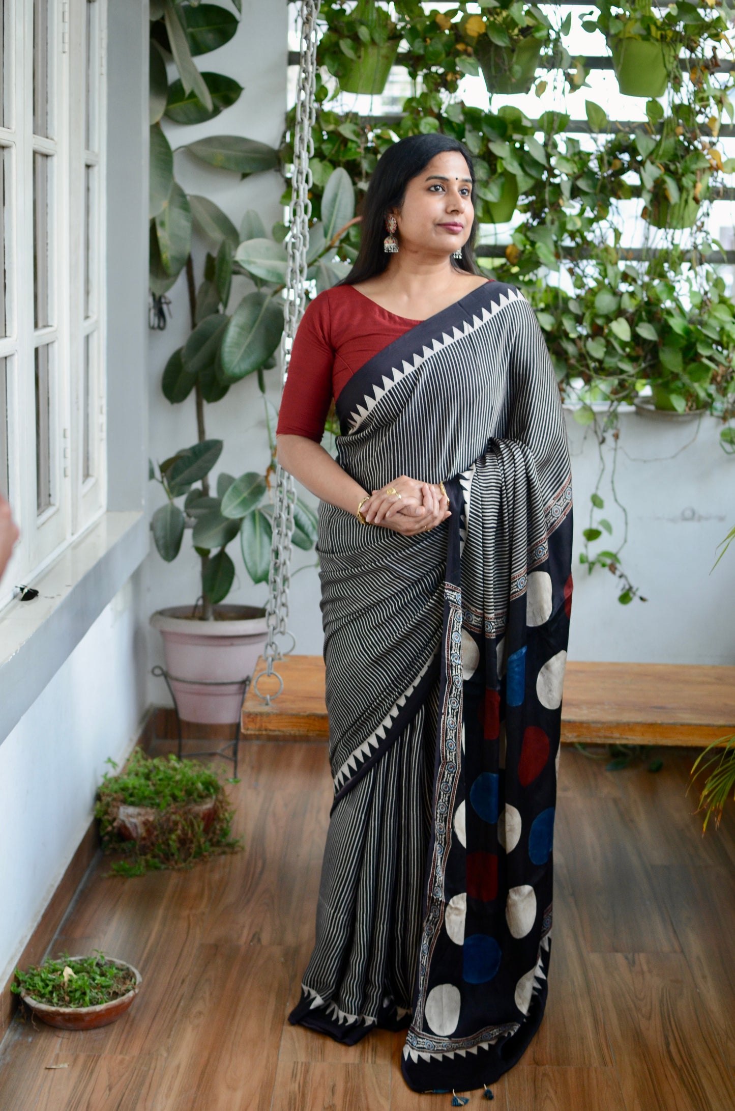 Natural Dyed Black Contemporary Ajrakh Modal Saree