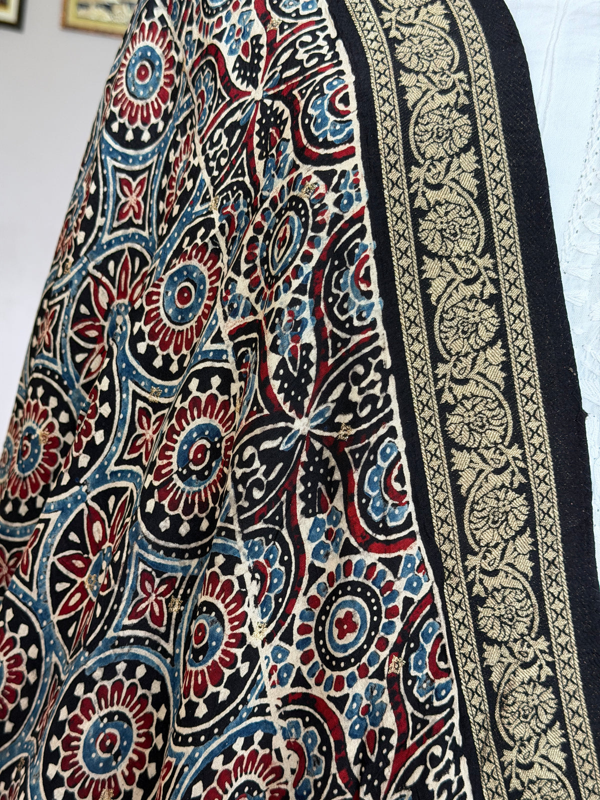 Ajrakh Dola Silk Dupatta With Zari Weaved Border