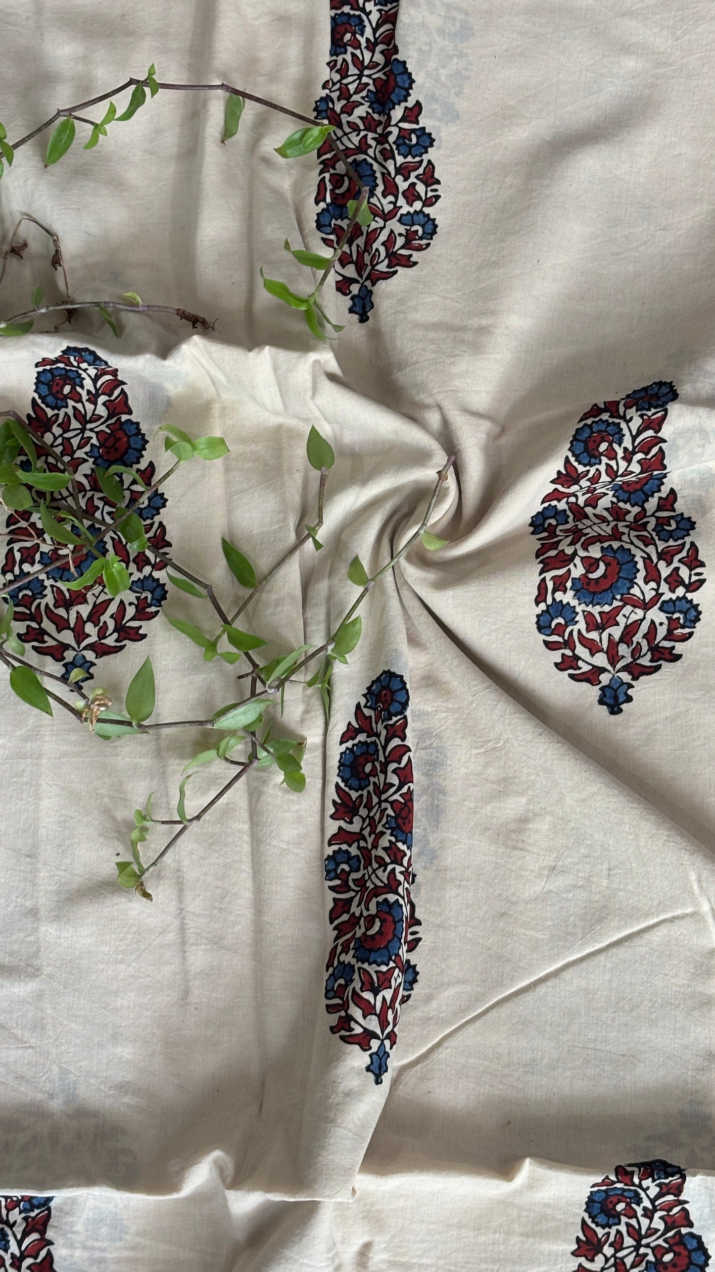 Pale Ivory Natural Dyed Ajrakh Hand Block Printed Floral Paisley Motif Organic Cotton Fabric