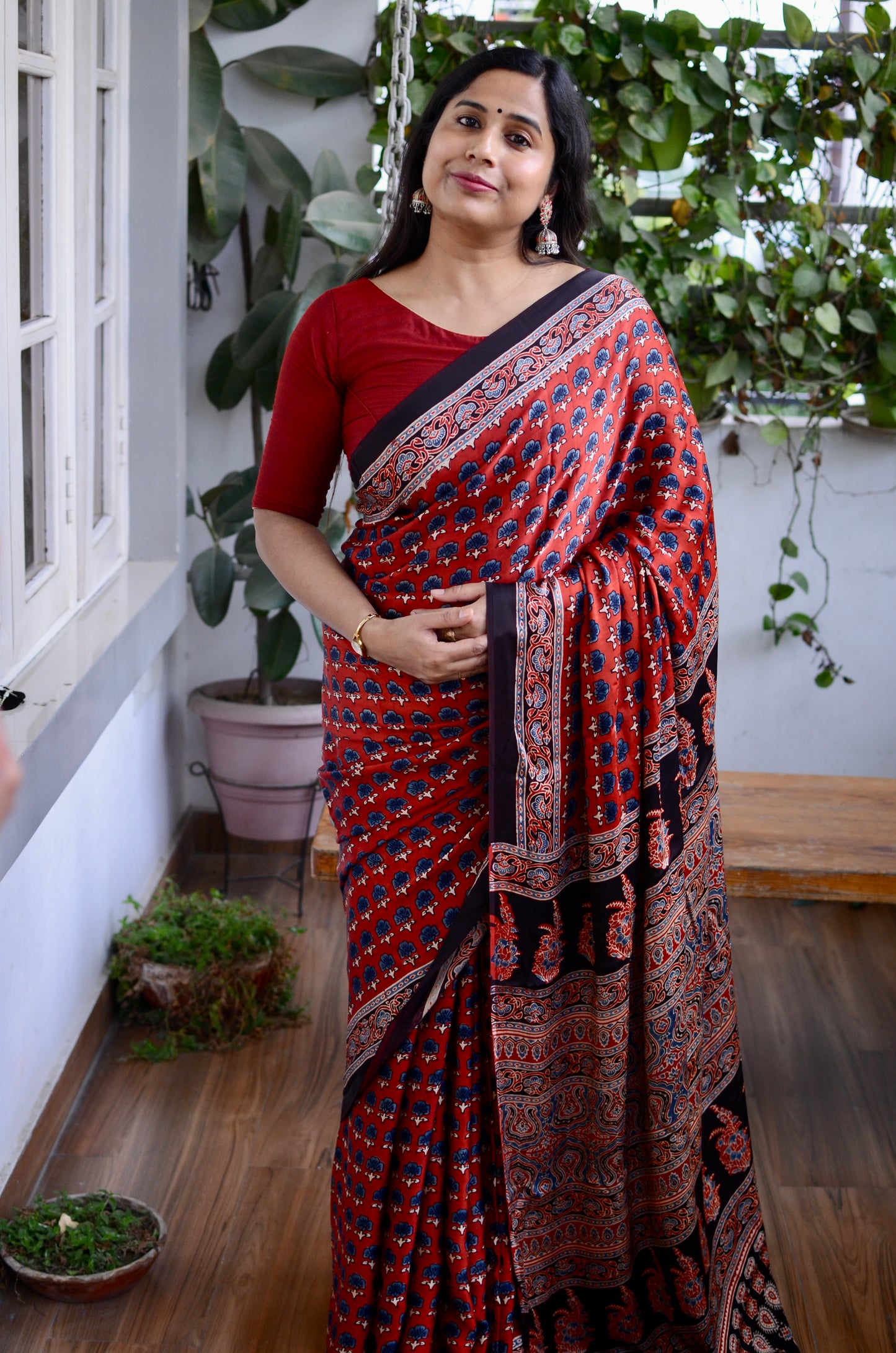 Khubsurat Raste Red (Natural Dyed Madder, Indigo and Black Stripe Contemporary Modal Saree)