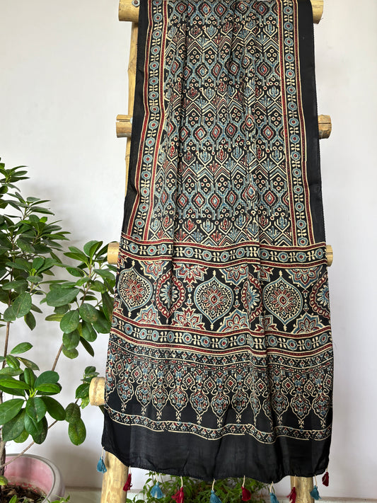 Ajrakh Stole- Natural Dyed Black Contemporary Stole