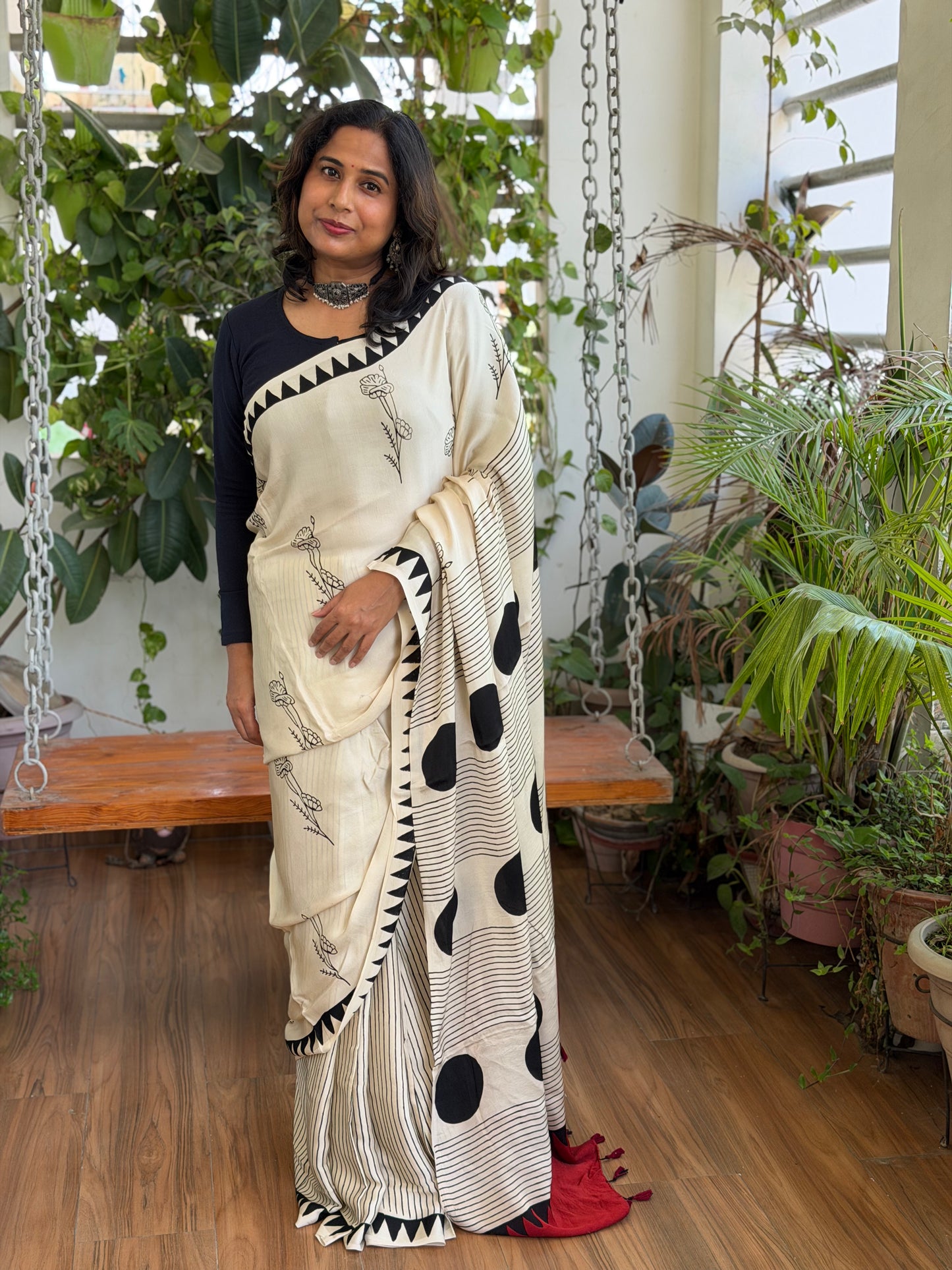 Khatta Meetha  - Pale Ivory Contemporary Ajrakh Modal Saree
