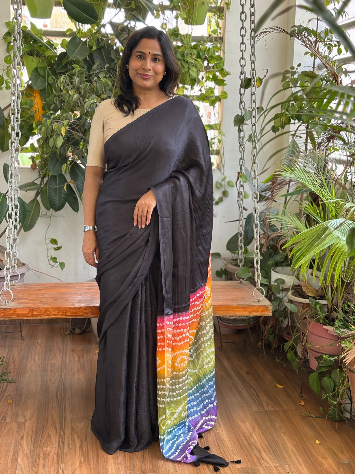 Charcoal Black Solid Colour  Semi Modal Saree with Multi Colour Bandhej Palla
