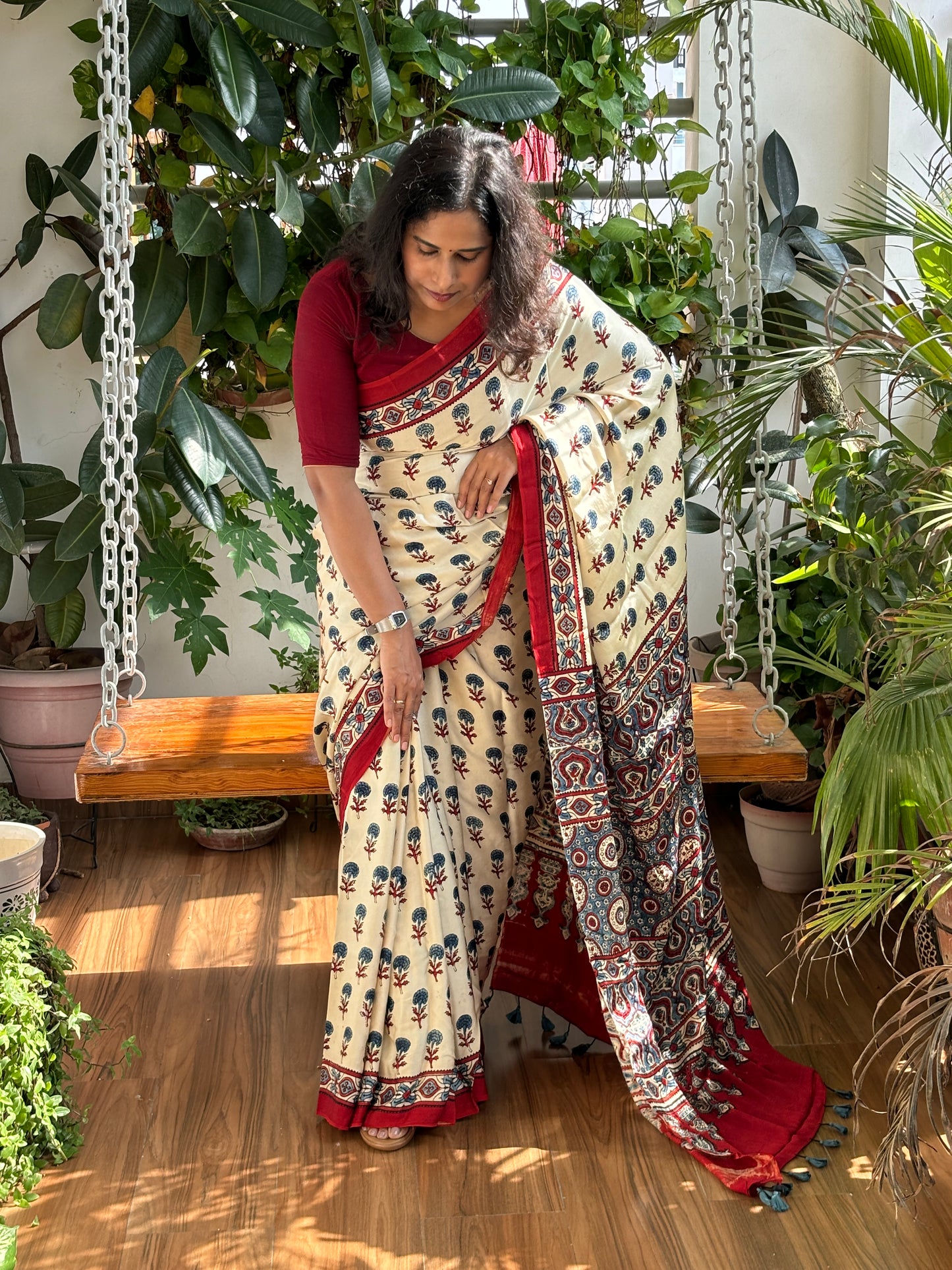 Sada - Natural Dye  Pale Ivory Modal Premium Saree With Indigo Marigold