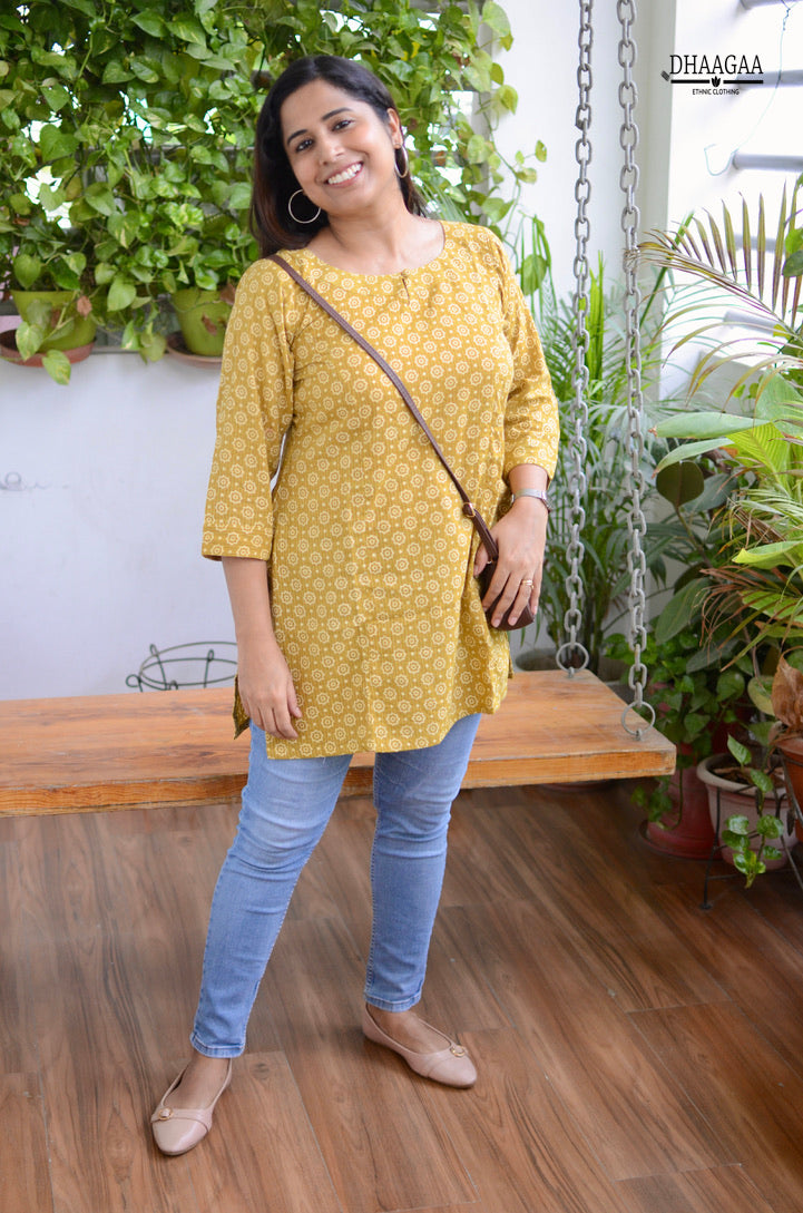 Yellow Cotton Short Kurti