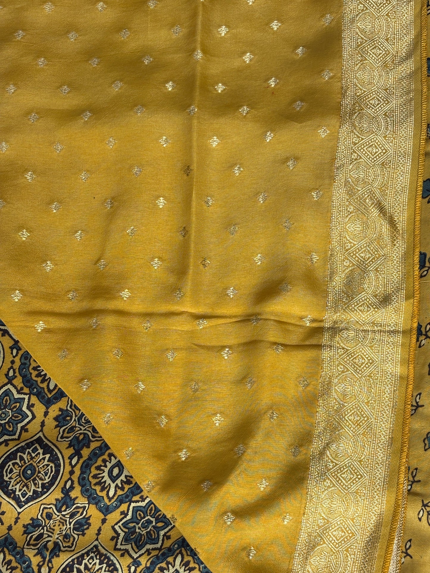 Yellow Ajrakh Hand Block Printed Marigold Motif Dola Silk Saree