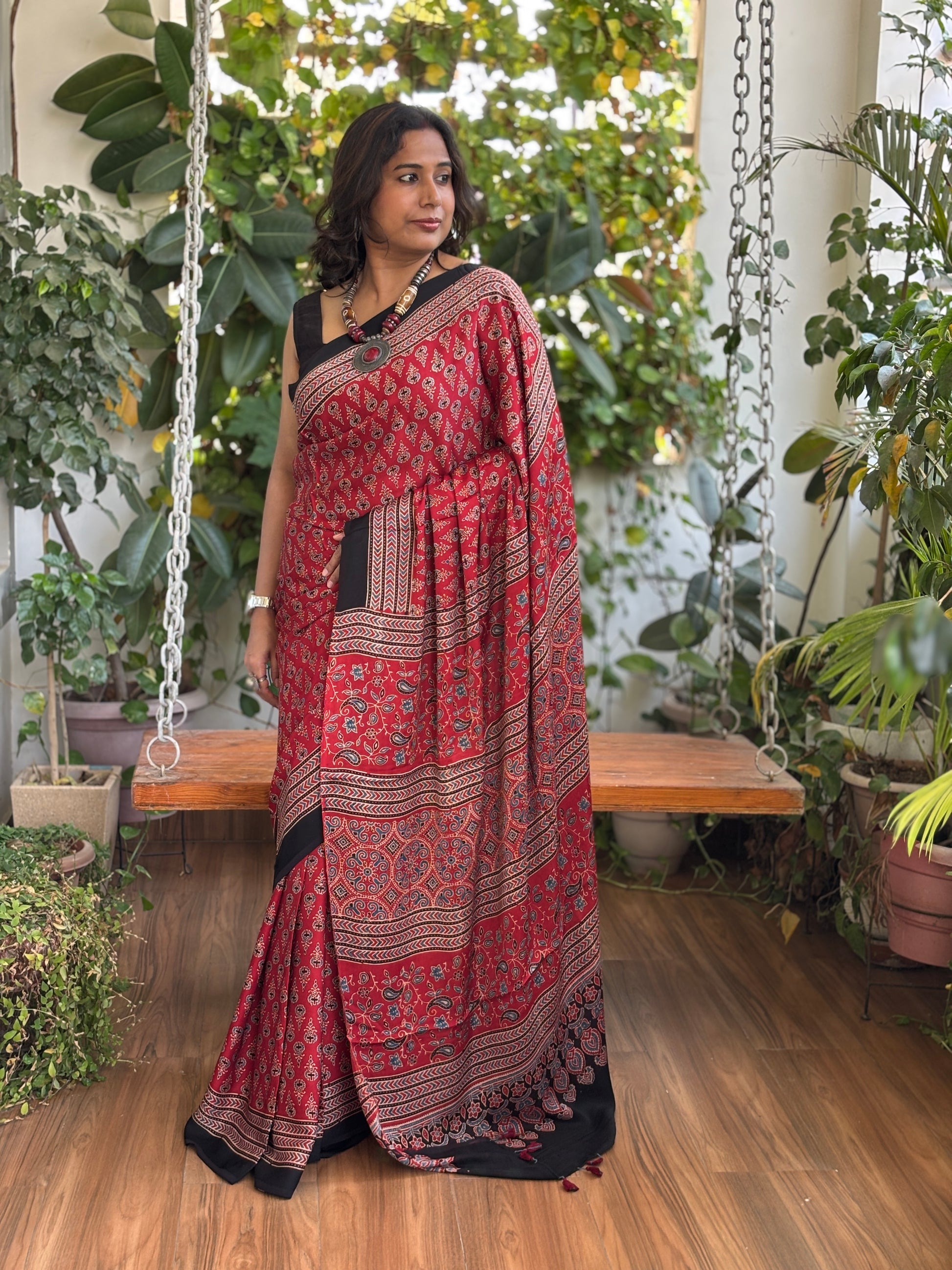 Ajrakh Modal Madder Red Colour Saree, ajrakh saree, Side view