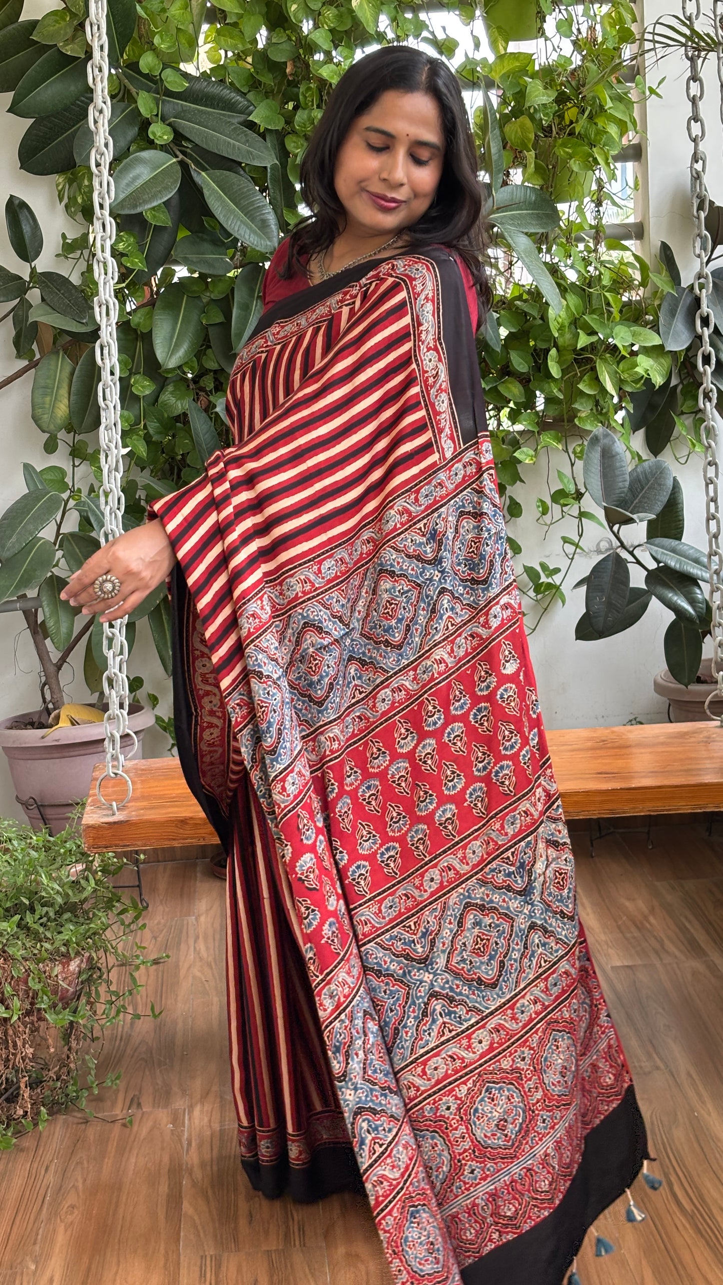 Bright and Beautiful- Natural Dyed Madder Contemporary Ajrakh Modal Saree with Traditional Anchal