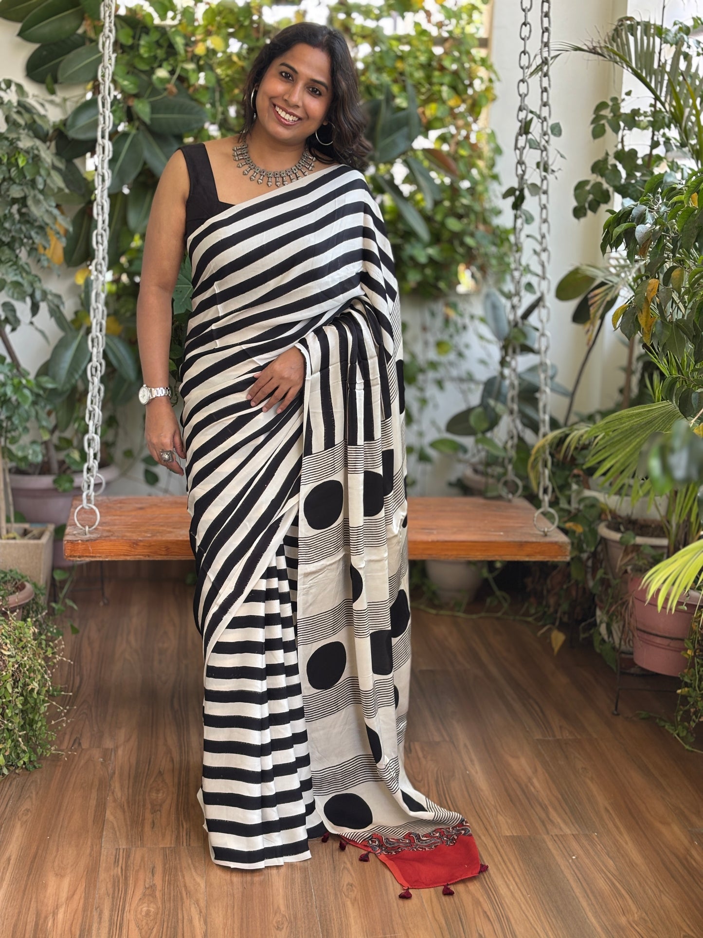 Ajrakh Modal White Saree, Ajrakh Contemporary Saree, Front 