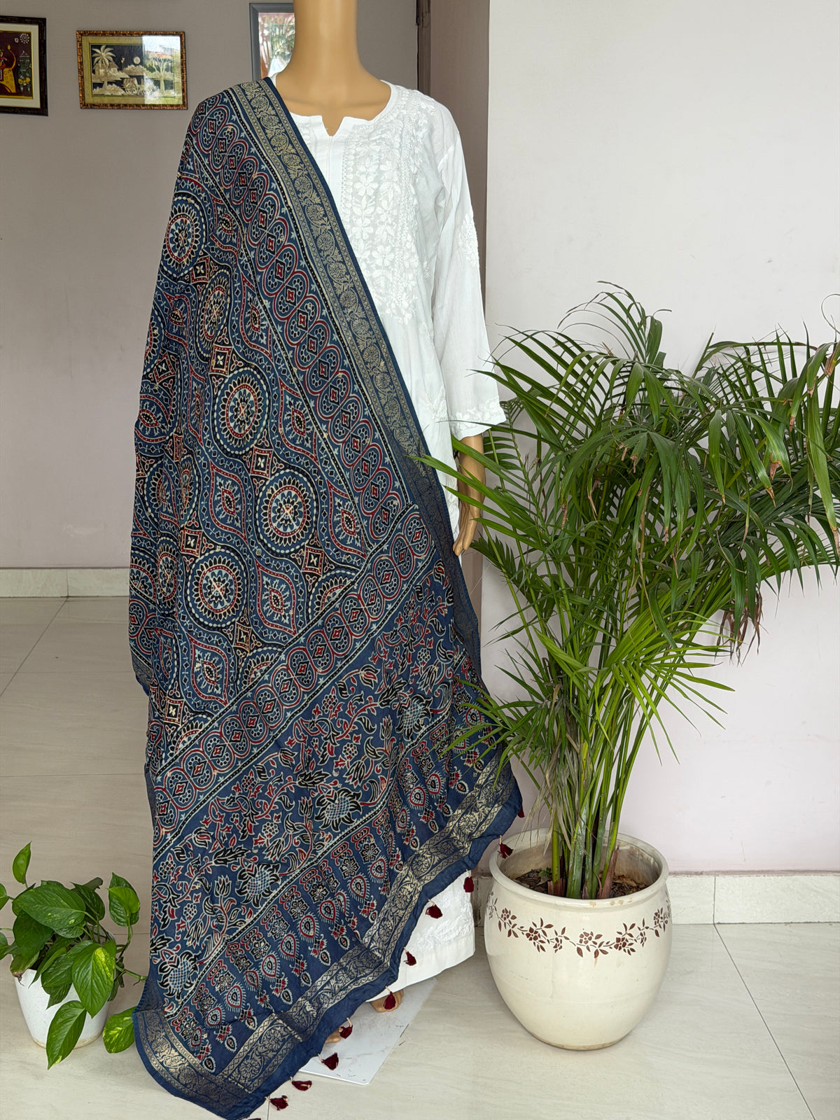Ajrakh Dola Silk Dupatta With Zari Weaved Border