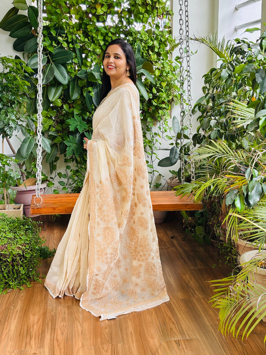 Light Beige Colour Chrushed Candri Cotton Chikankari Hand Embroidered Saree