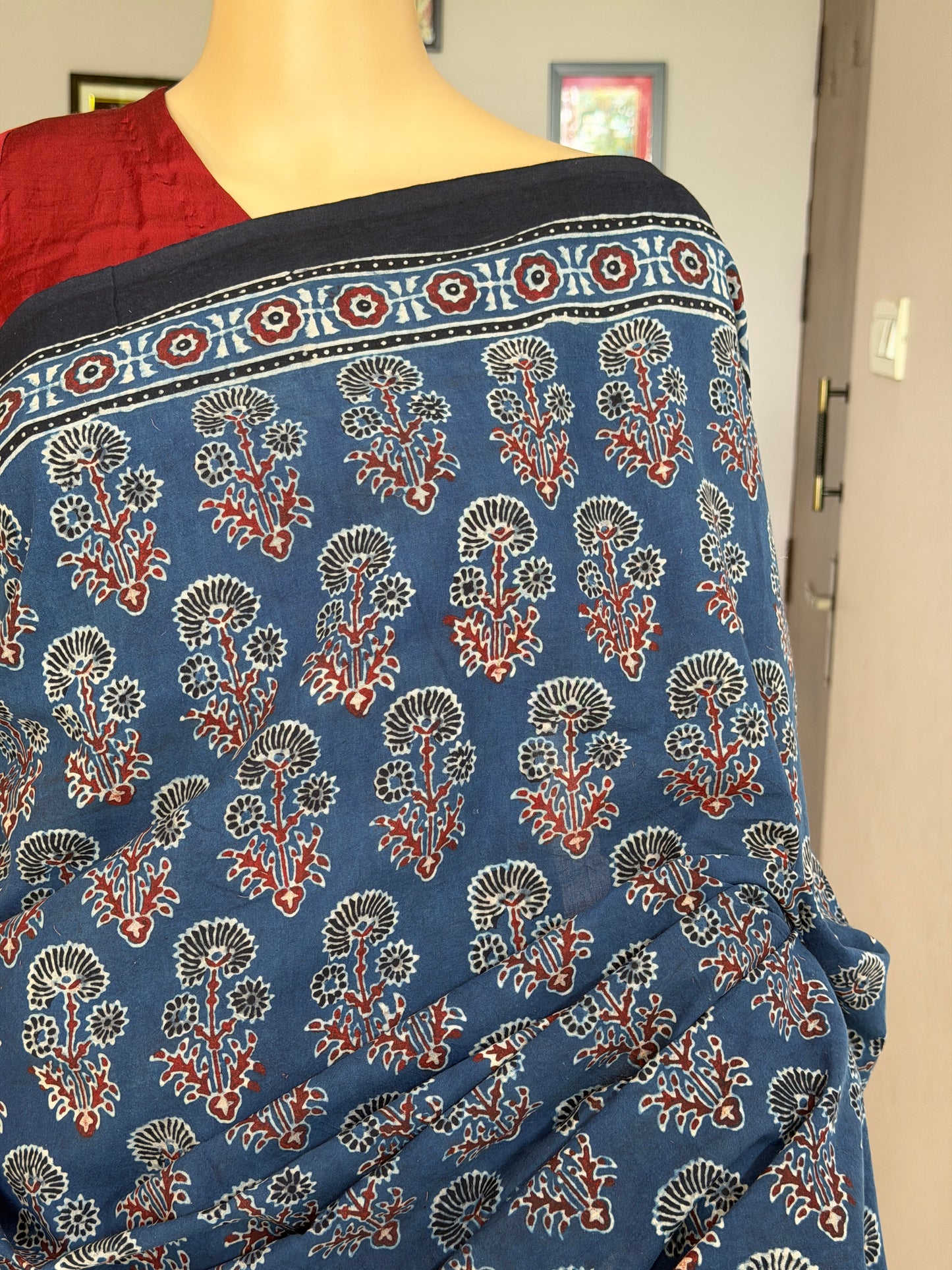 Cotton Ajrakh Hand Block Printed Contemporary Saree