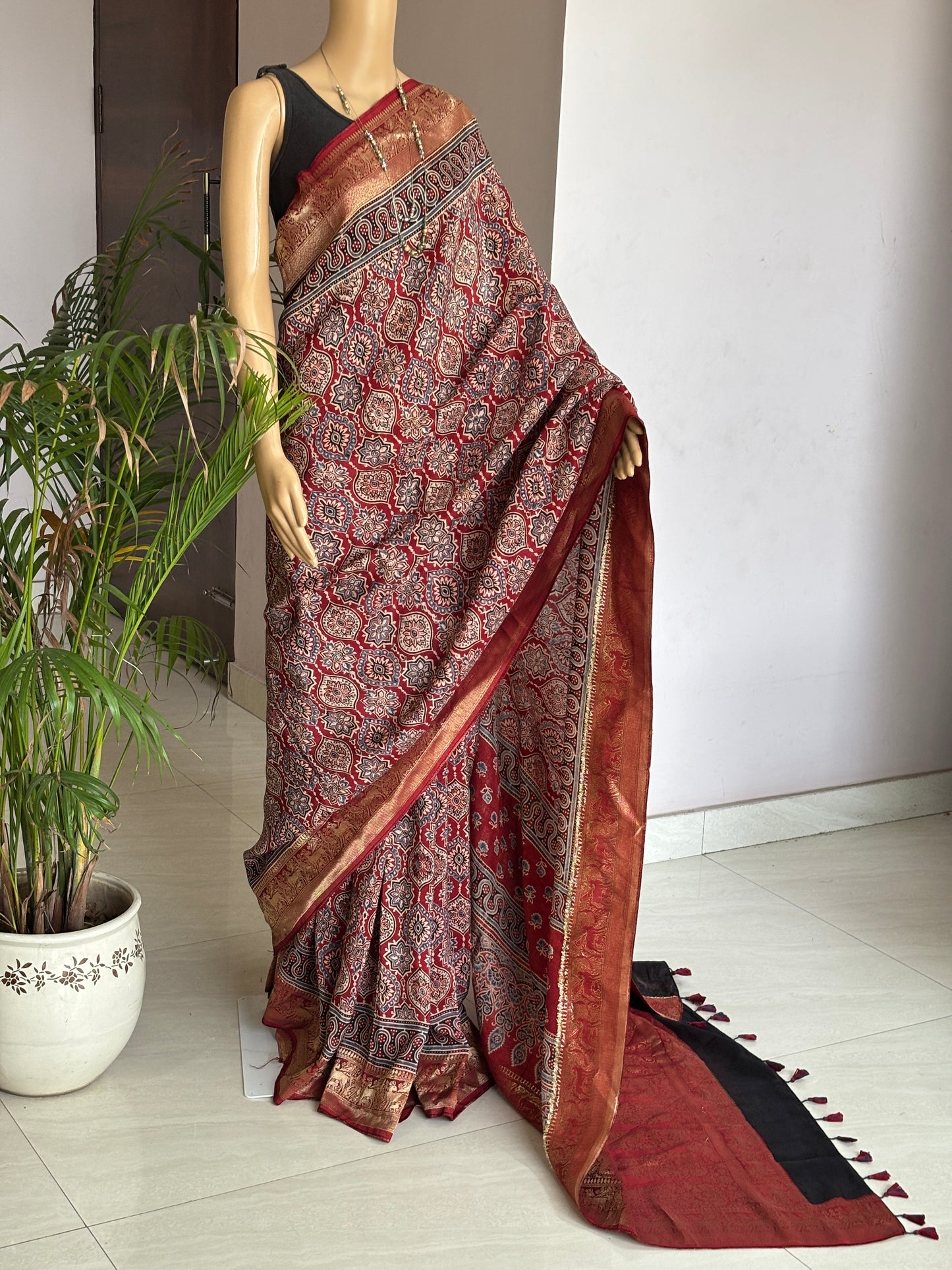 Madder Red Ajrakh Hand Block Printed Badambuta Dola Silk Saree