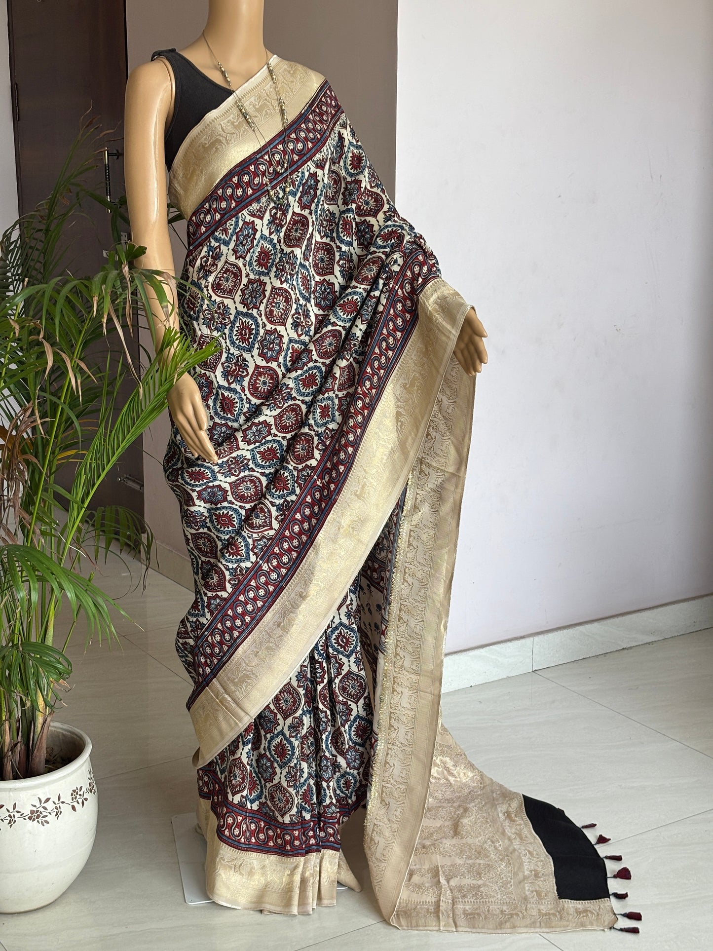 Pale Ivory Ajrakh Hand Block Printed Badambuta Dola Silk Saree