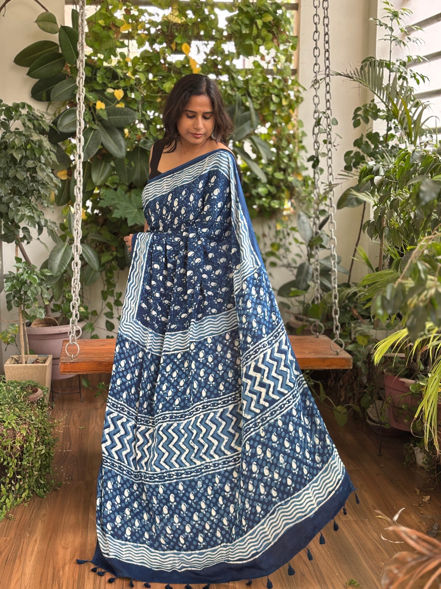 Indigo Dabu Hand Block Printed Modal Saree