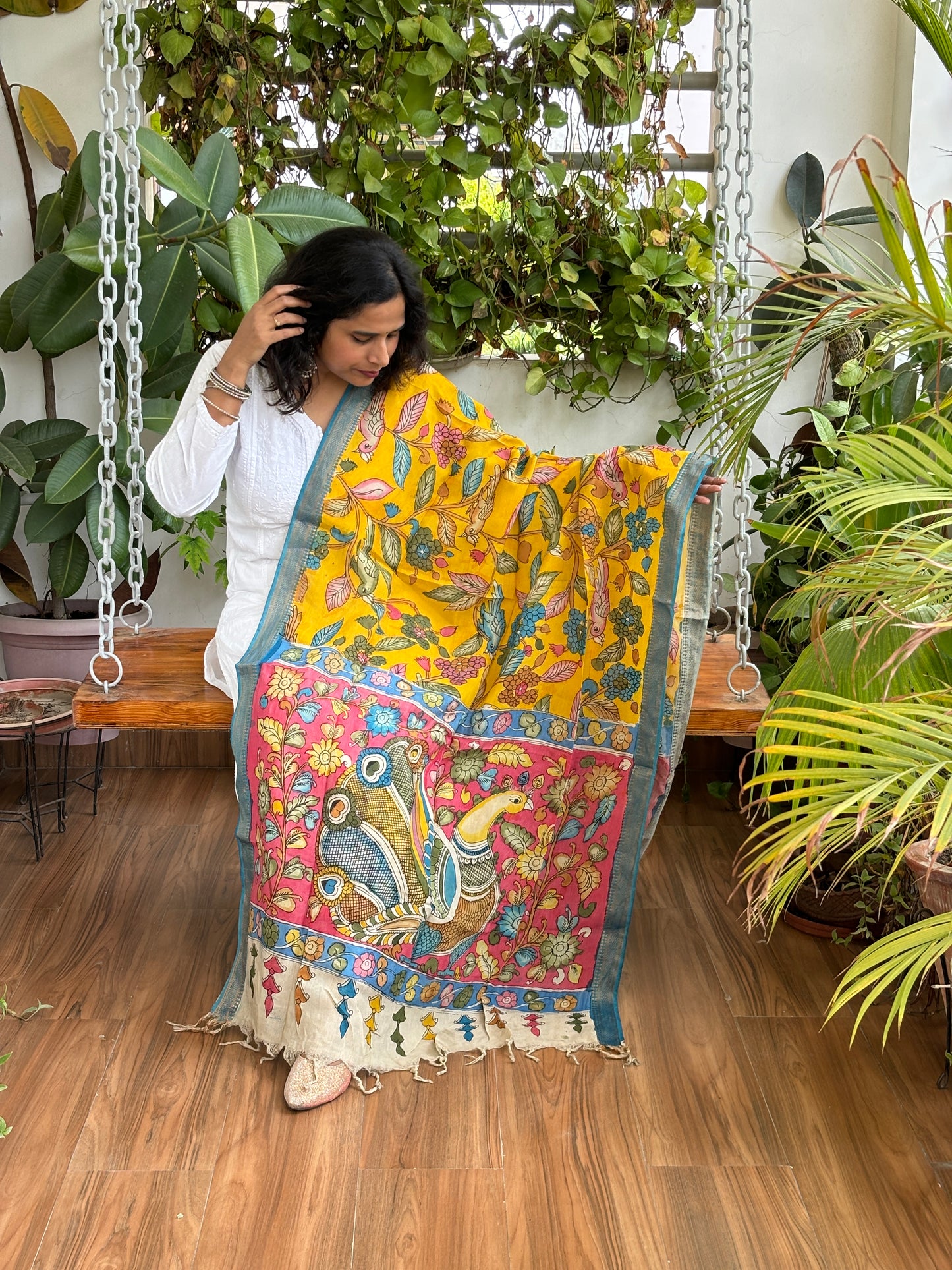 Yellow- Srikalahasti Pen Kalamkari Hand Painted Silk Cotton Dupatta with Zari Weaved Border