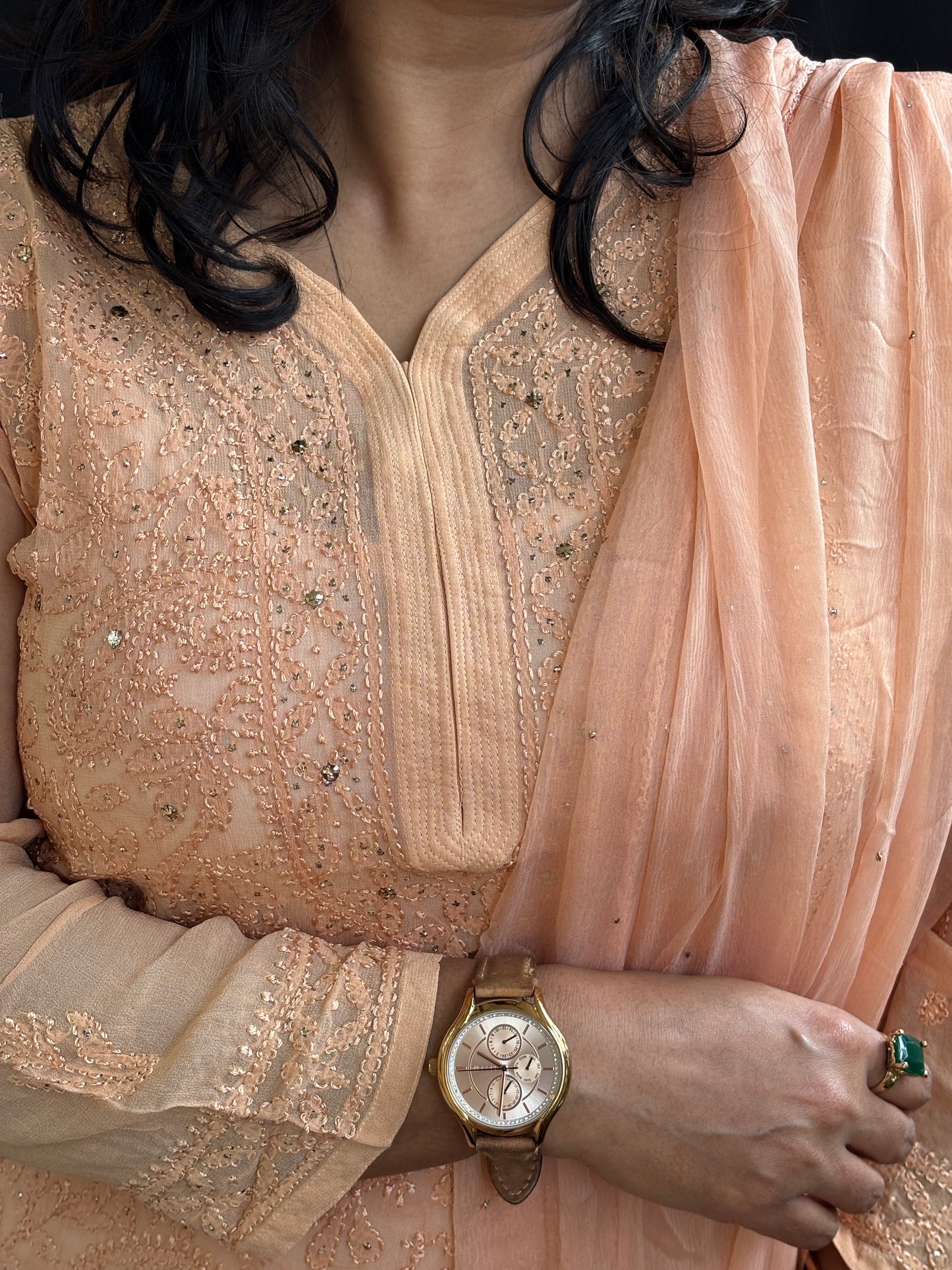 Chikan Hand Embroidered Pure Georgette Three Piece Set Pure Chiffon Dupatta With Mukaish Work
