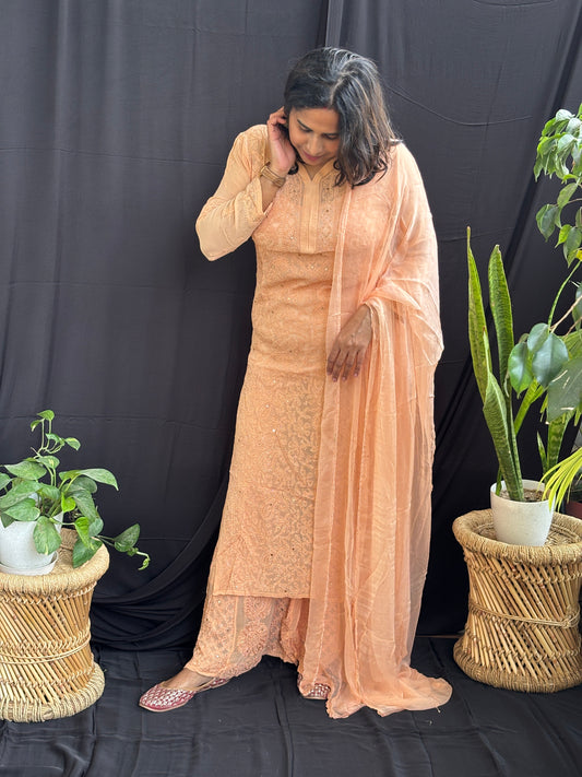 Chikan Hand Embroidered Pure Georgette Three Piece Set Pure Chiffon Dupatta With Mukaish Work