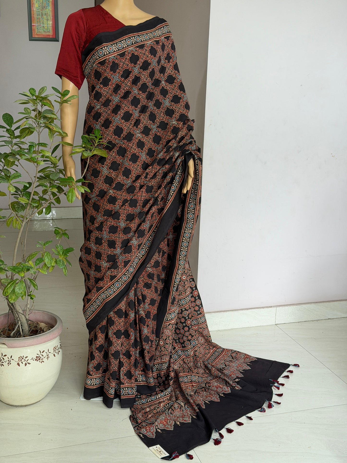 Cotton Ajrakh Hand Block Printed Contemporary Saree
