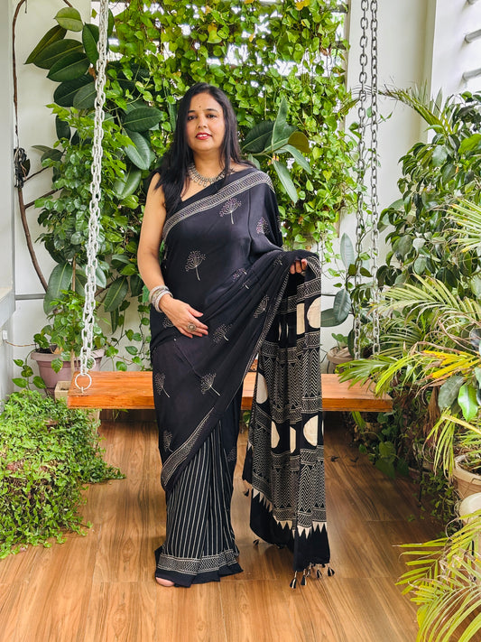 Kala Hira - Natural Dyed Black Colour Ajrakh Pure Modal Contemporary Saree
