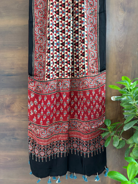 Ajrakh Stole- Madder and Black Natural Dyed Contemporary Triangle Colour Motif