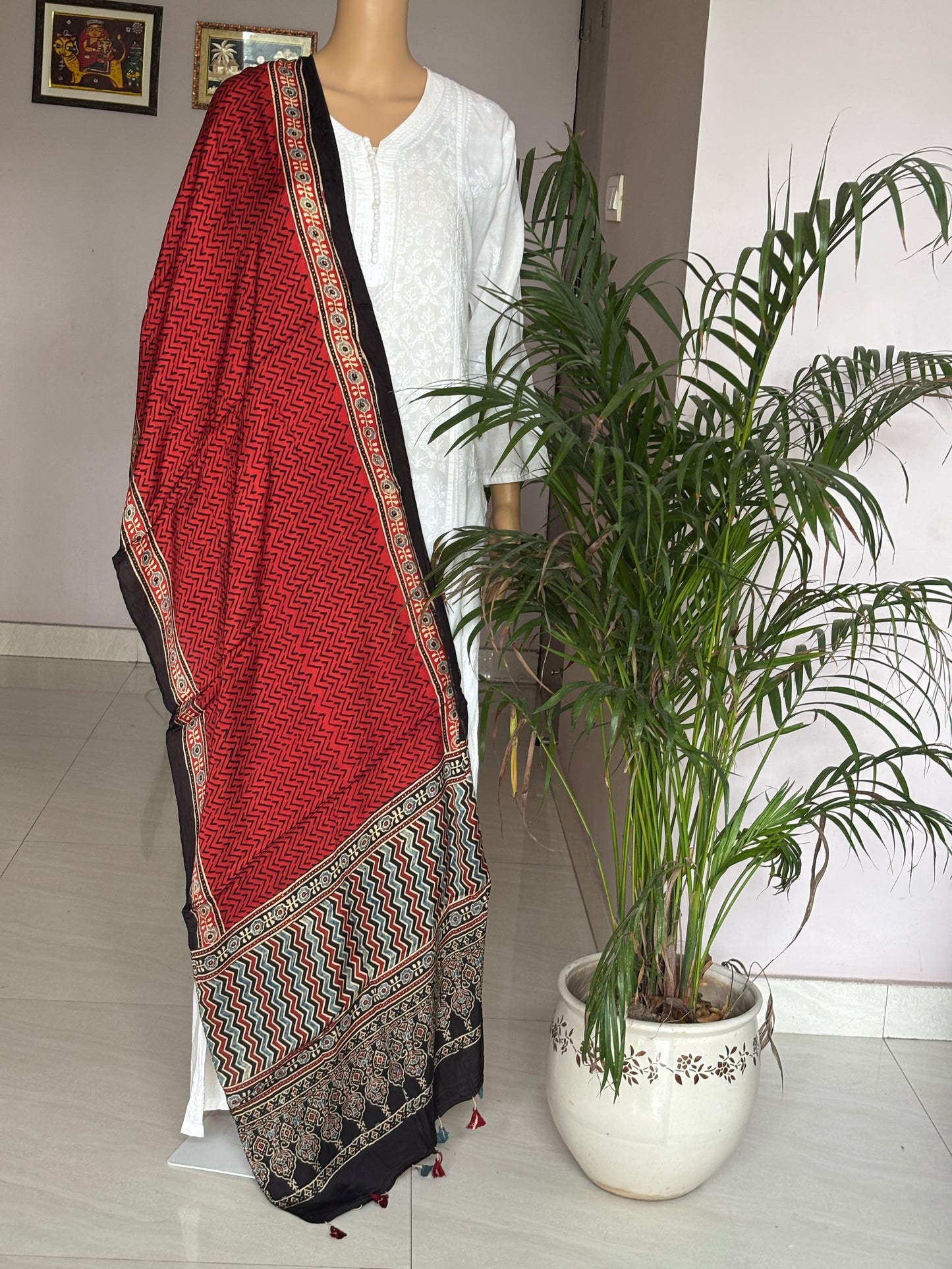 Ajrakh  modal  stole, red zig zag stole, front view.
