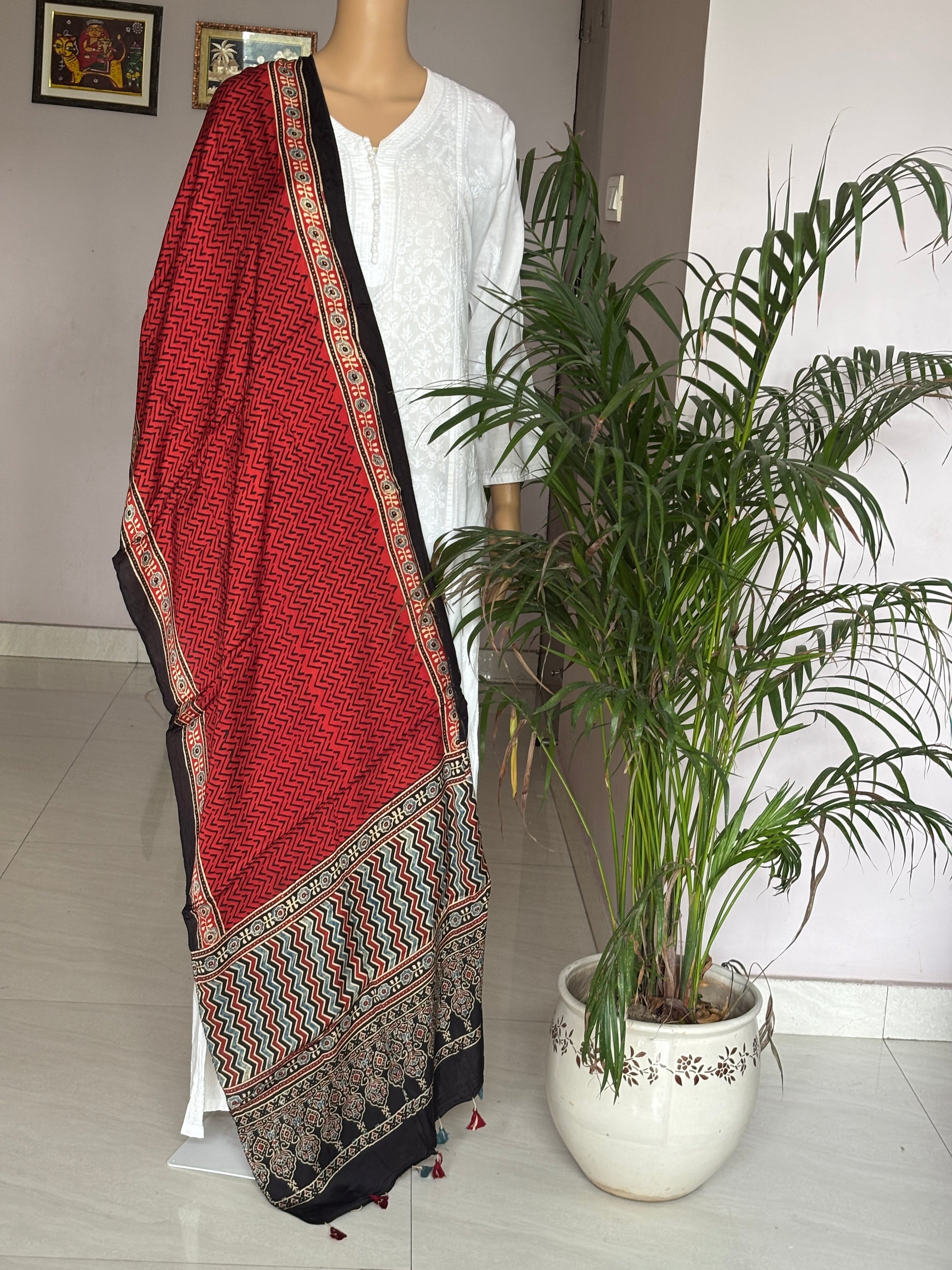 Ajrakh  modal  stole, red zig zag stole, front view.