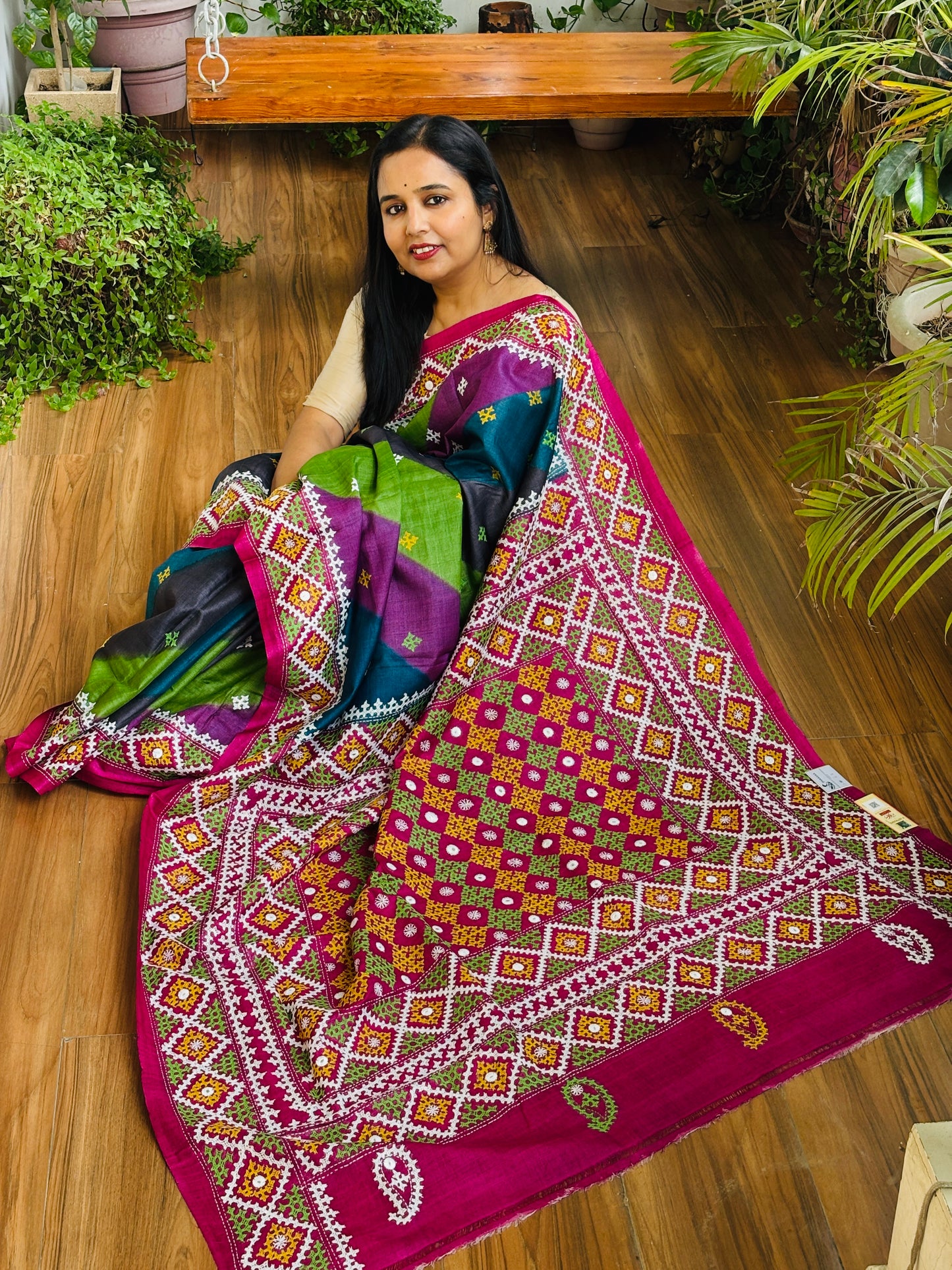 Gujarati Hand Embroidered Pure Tussar Silk Saree in Multi Colour Body and Magenta Palla