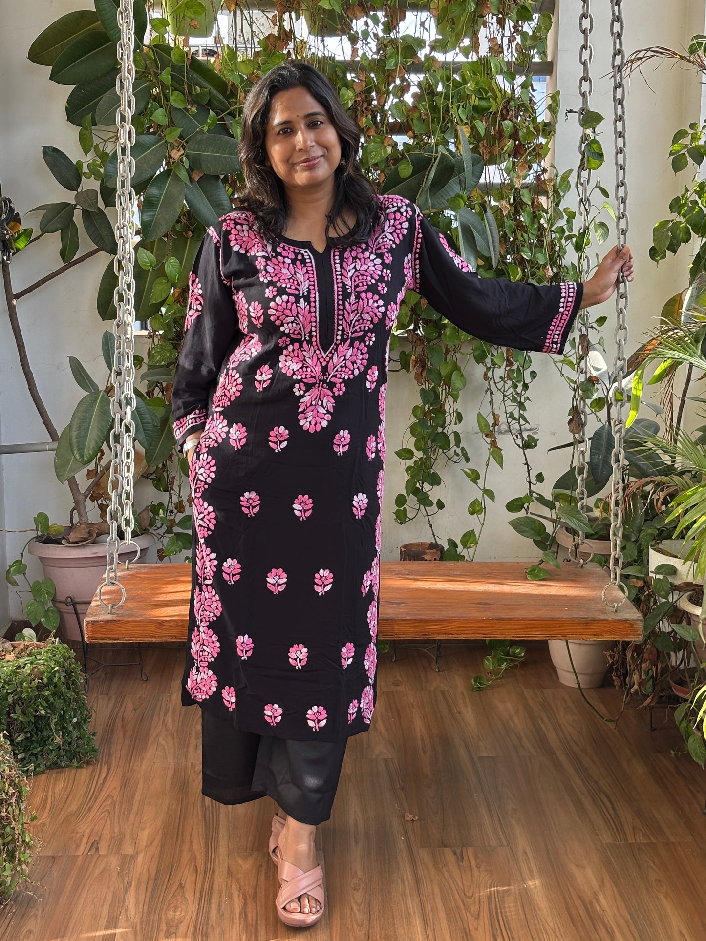 Black Multicolour Chikan Hand Embroidered Rayon Cotton Kurti