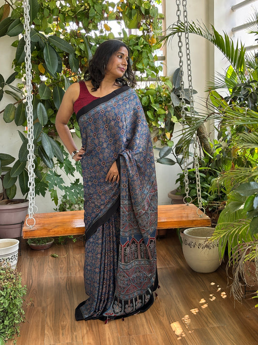 Nile- Natural Dyed Indigo Traditional Motif Modal Saree