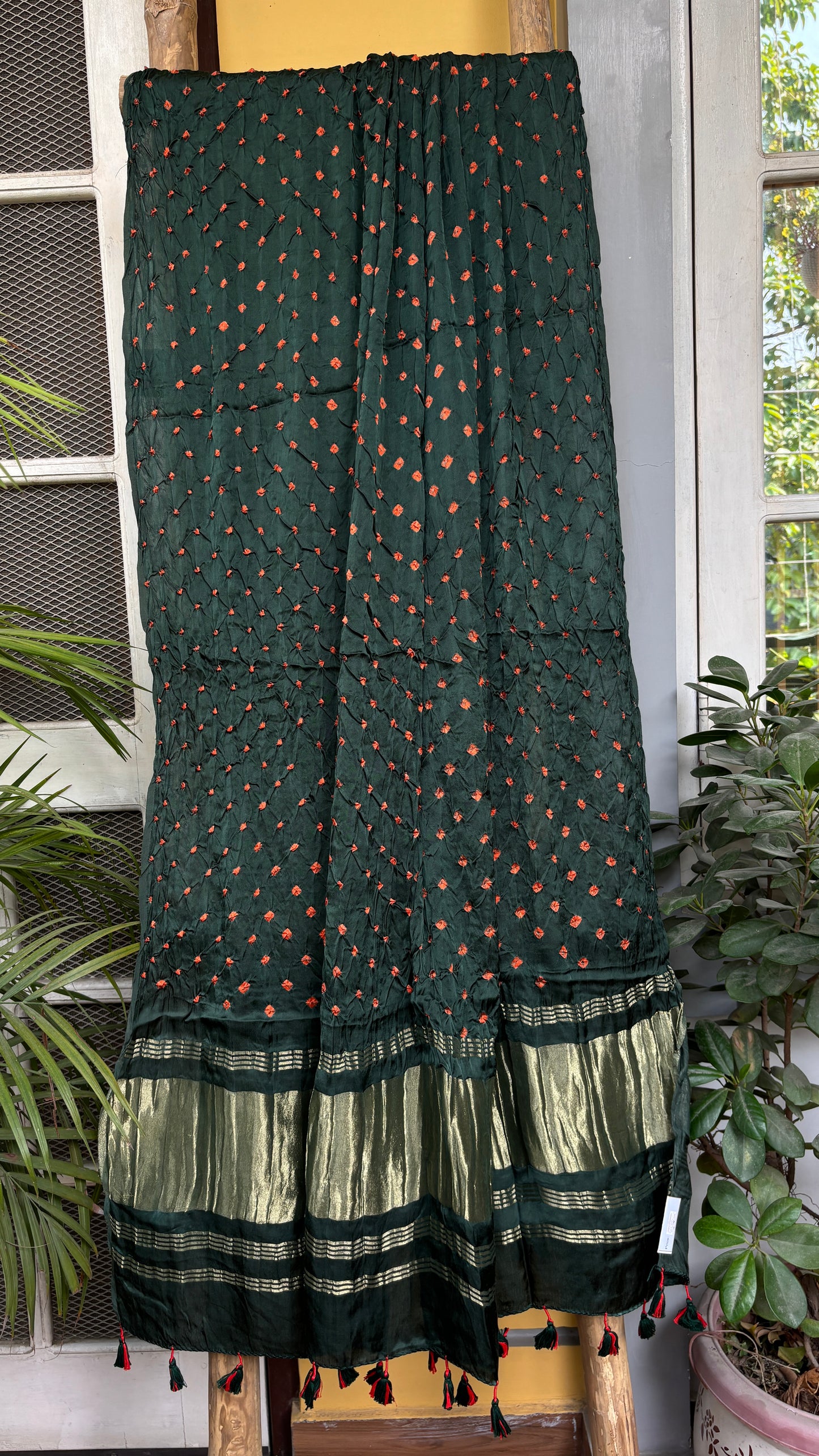 Modal Mossgreen Dupatta with Orange Rai Bandhej and Tissue Palla