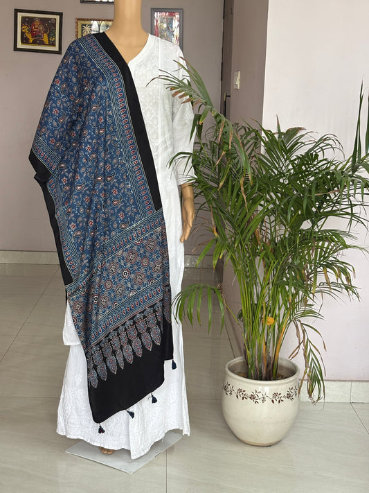 Indigo Colour Natural Dyed Ajrakh Hand Block Printed Floral Jaal Motif Modal Stole