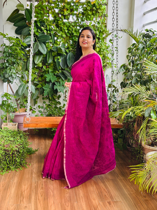 Magenta Colour Chrushed Candri Cotton Chikankari Hand Embroidered Saree